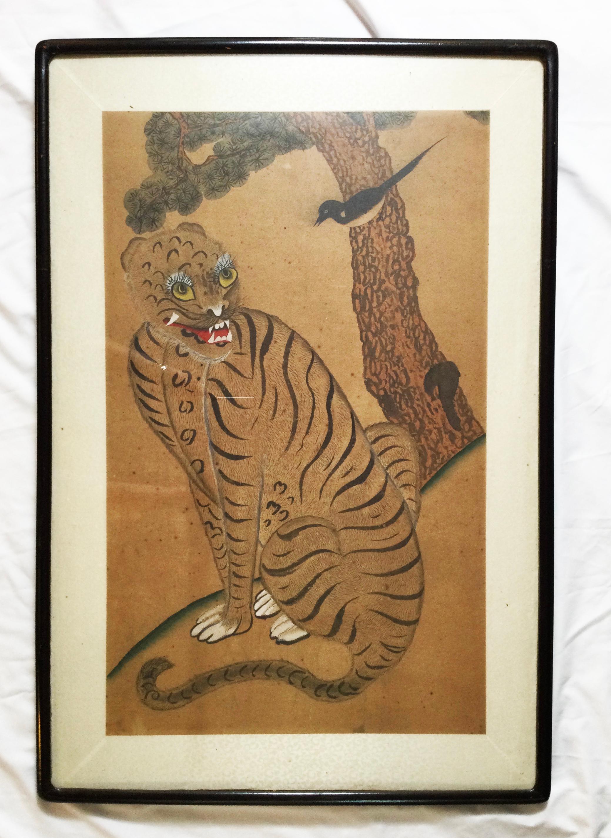 A pair of 19th century Chosan Period watercolor paintings. These original works on paper with rice paper matting in hardwood frames. One frame is darker than the other and the painting have not been observed out of their original frames. 35.5 high,