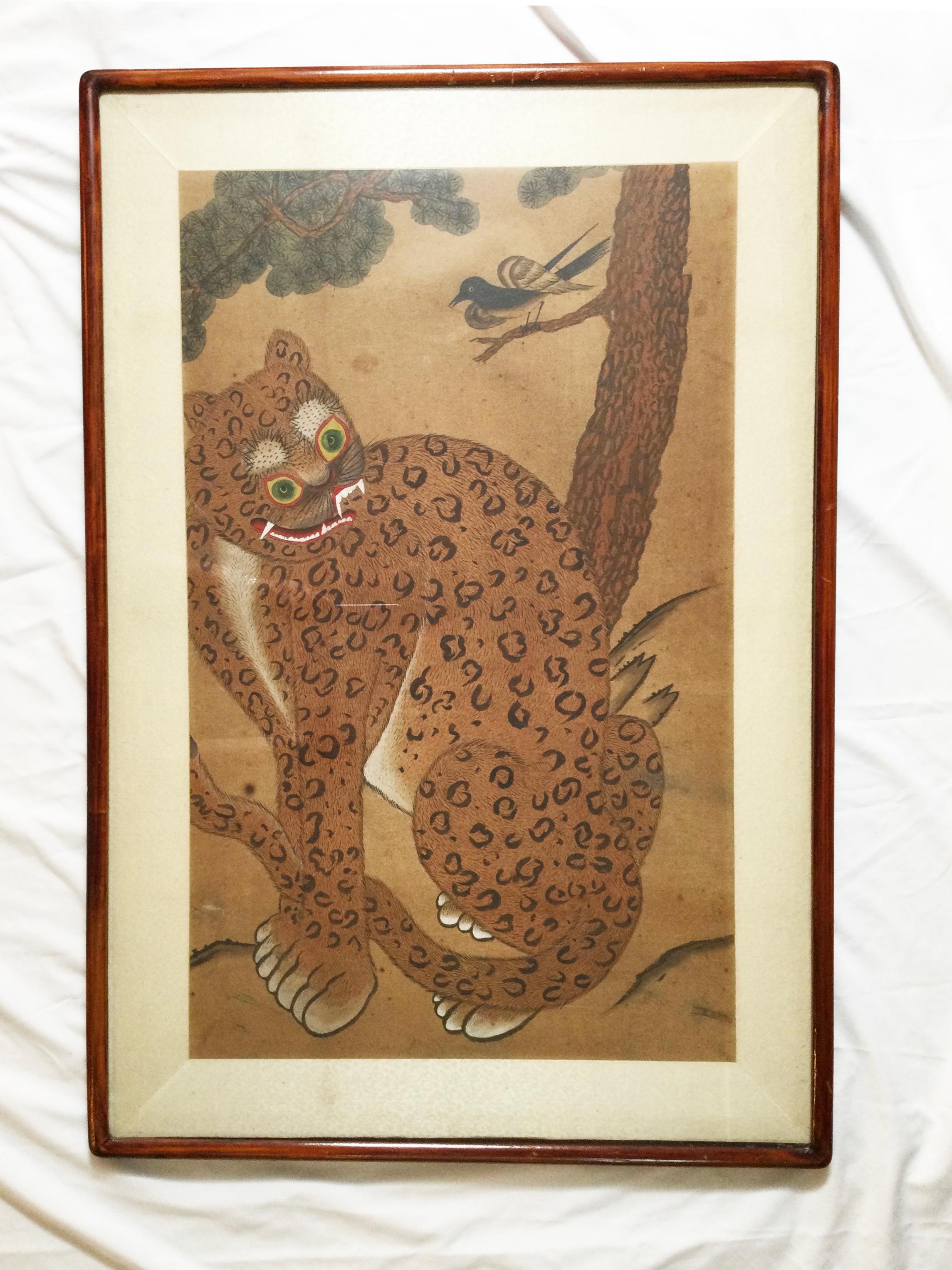 Pair of Antique Korean Framed Tiger Paintings In Good Condition In Lambertville, NJ
