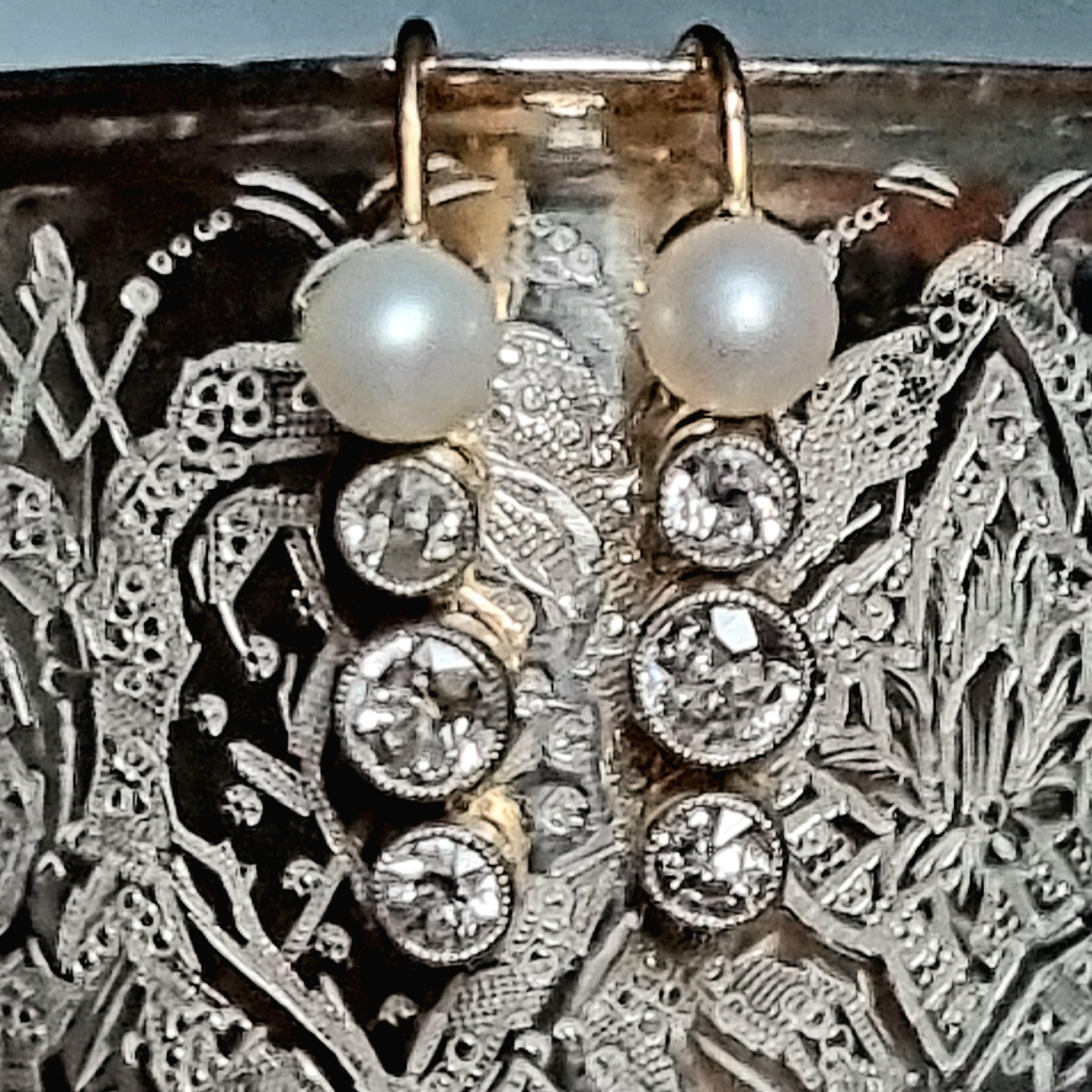 Old European Cut Pair of Antique Late 19th Century Pearl and Diamond Pendent Earrings
