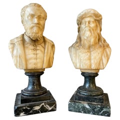 Pair of Antique Library Alabaster and Marble Busts 
