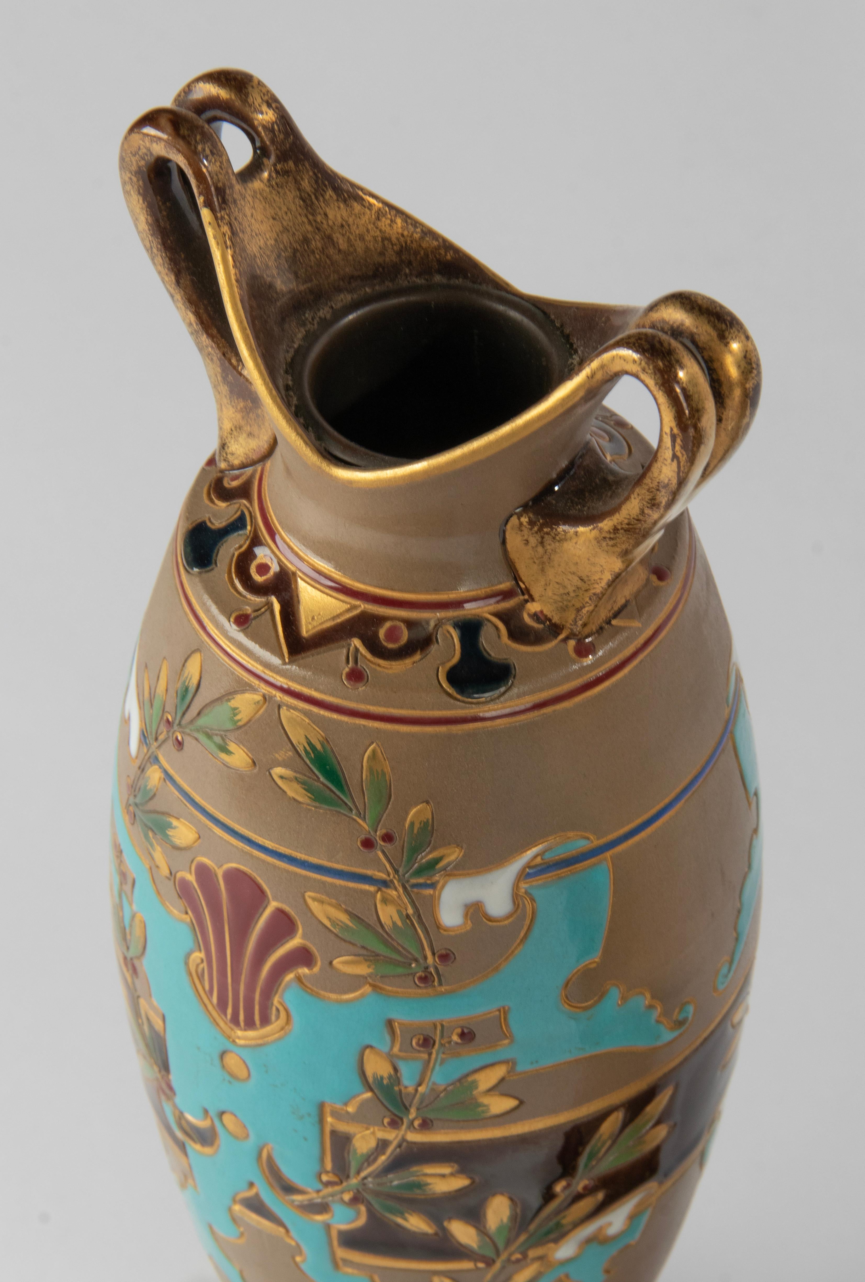 Pair of Antique Majolica Ceramic Vases with Bronze Mounts by Sarreguemines For Sale 3