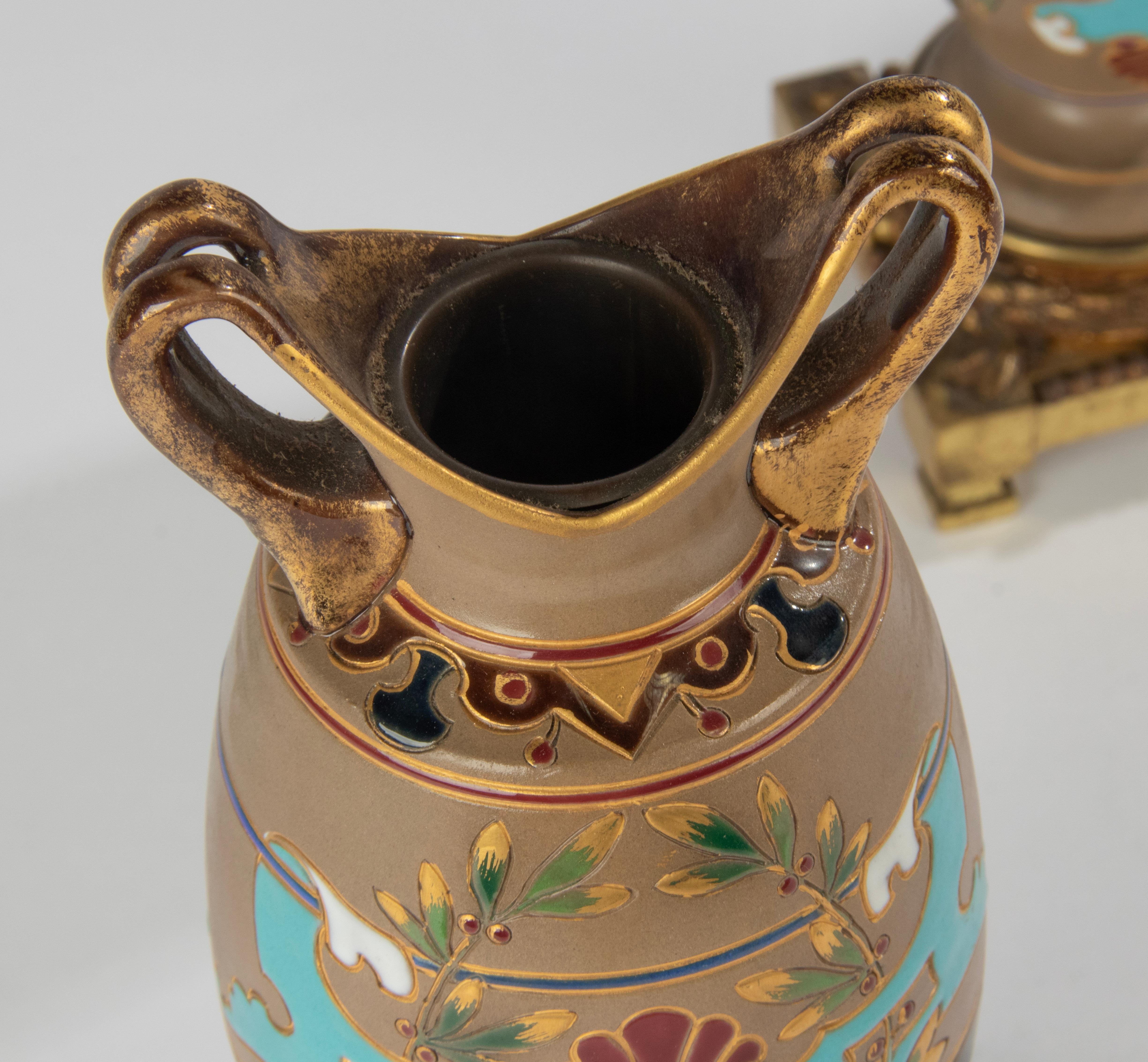 Pair of Antique Majolica Ceramic Vases with Bronze Mounts by Sarreguemines For Sale 7