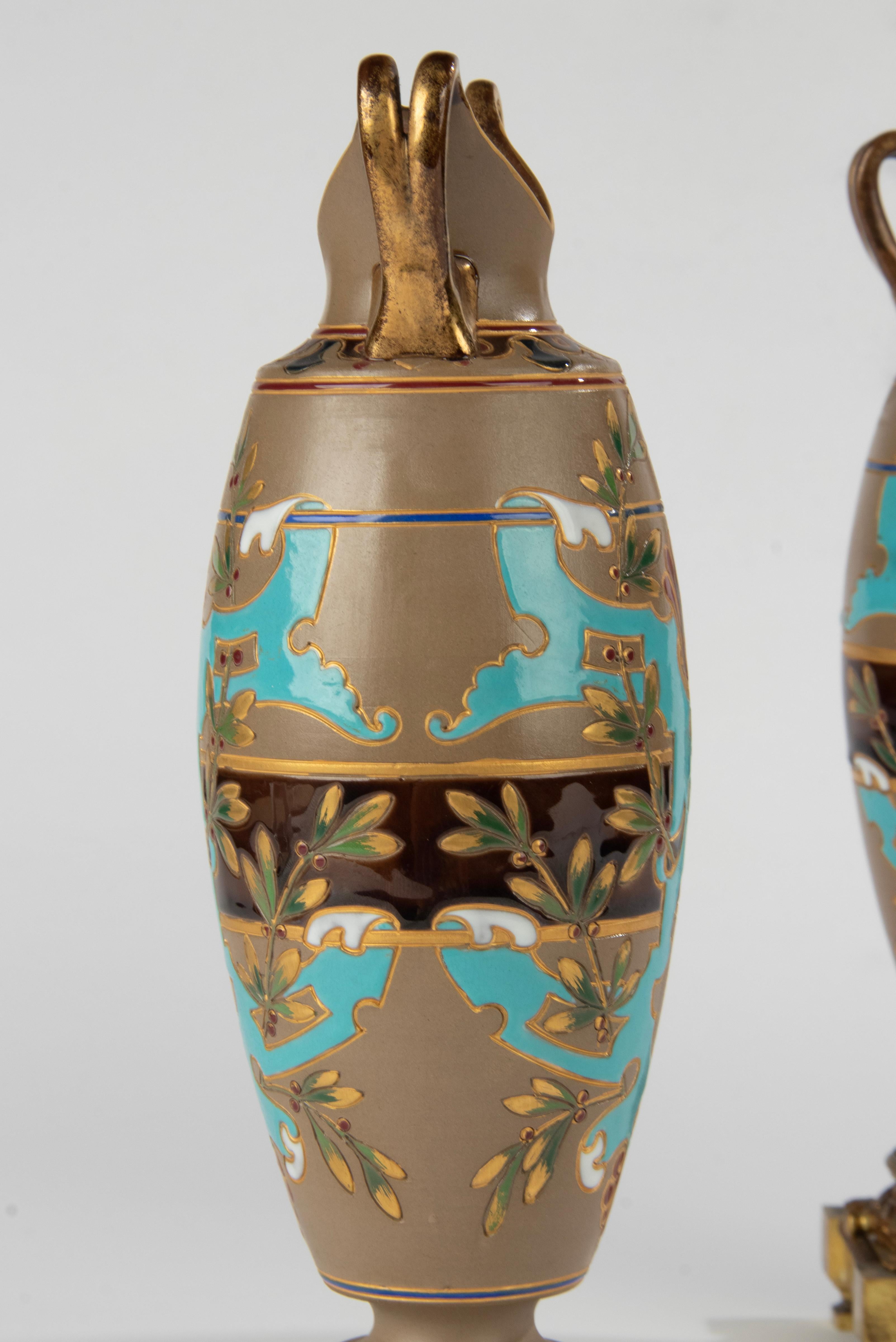 Pair of Antique Majolica Ceramic Vases with Bronze Mounts by Sarreguemines For Sale 8