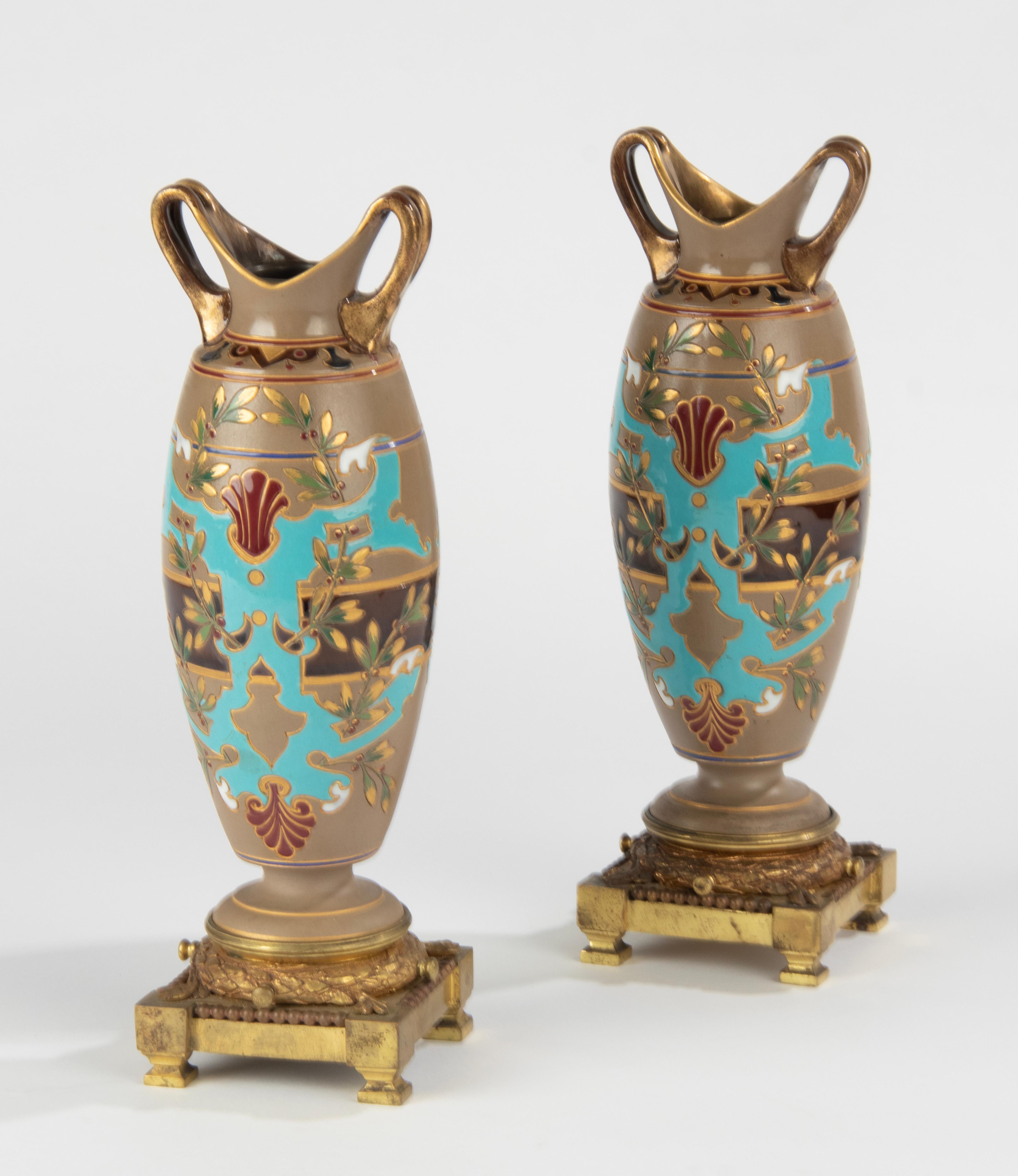Pair of Antique Majolica Ceramic Vases with Bronze Mounts by Sarreguemines For Sale 10
