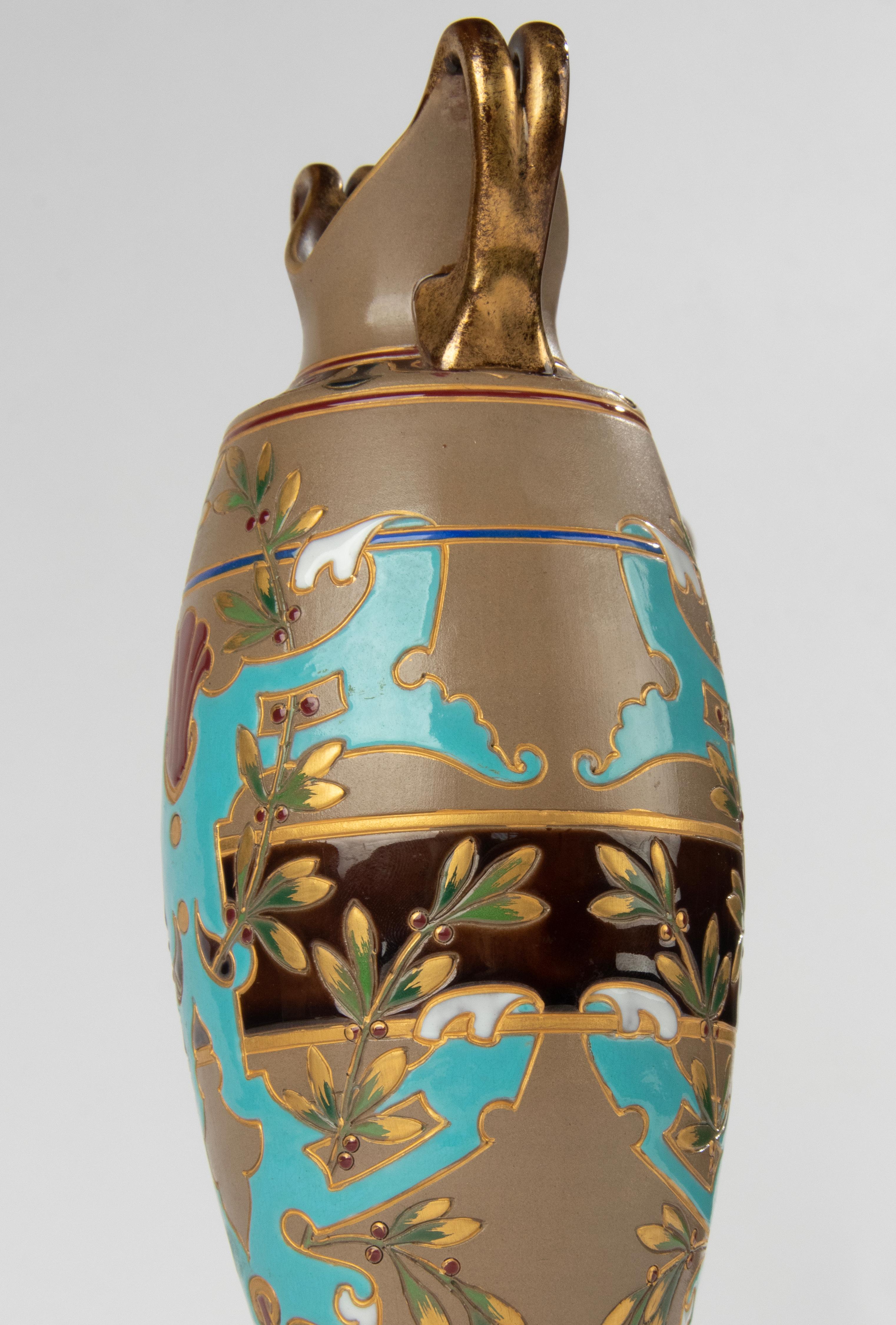 Pair of Antique Majolica Ceramic Vases with Bronze Mounts by Sarreguemines For Sale 12