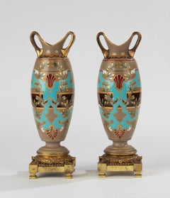 Pair of Antique Majolica Ceramic Vases with Bronze Mounts by Sarreguemines