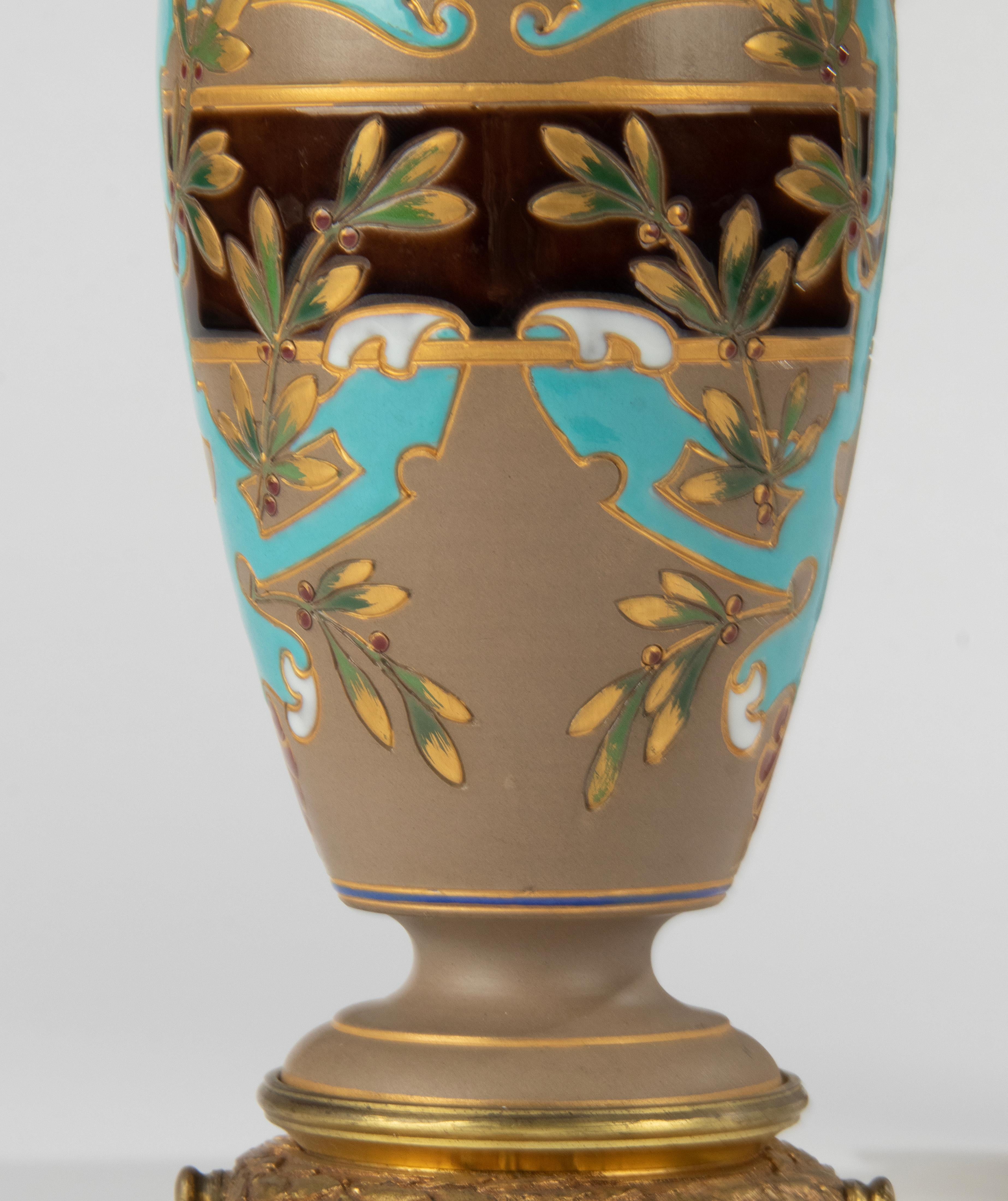 Pair of Antique Majolica Ceramic Vases with Bronze Mounts by Sarreguemines For Sale 13