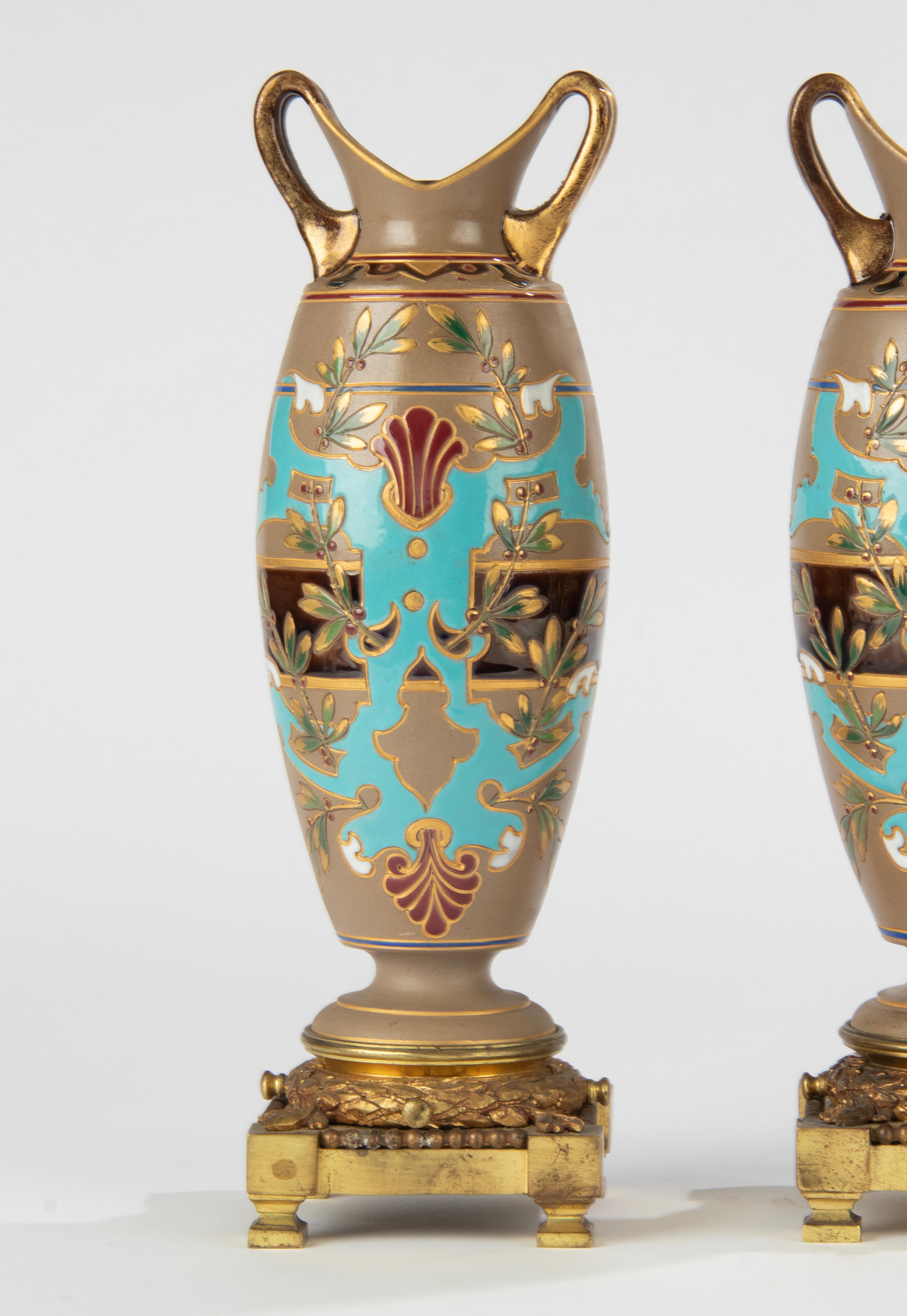 Belle Époque Pair of Antique Majolica Ceramic Vases with Bronze Mounts by Sarreguemines For Sale