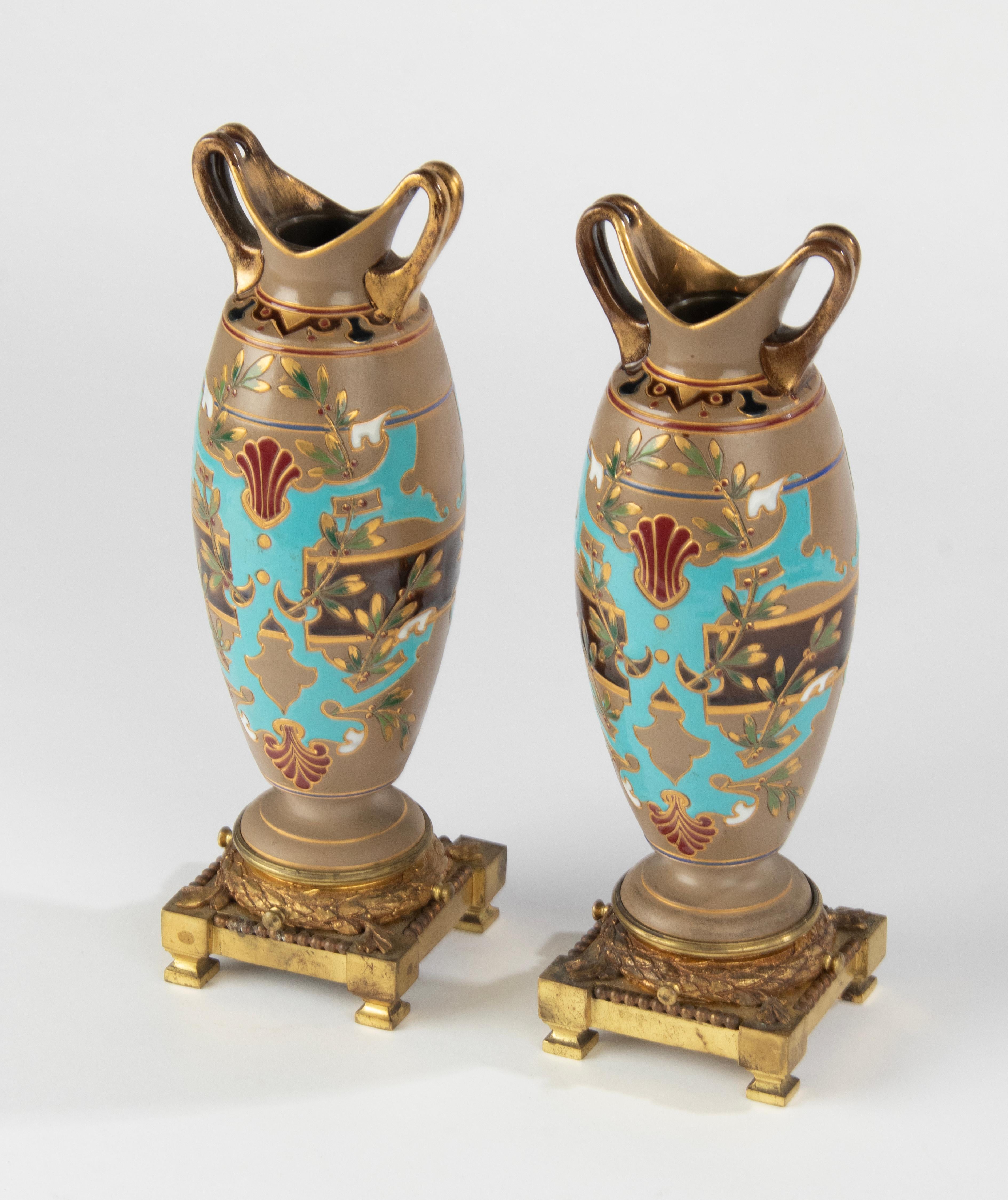 Hand-Crafted Pair of Antique Majolica Ceramic Vases with Bronze Mounts by Sarreguemines For Sale