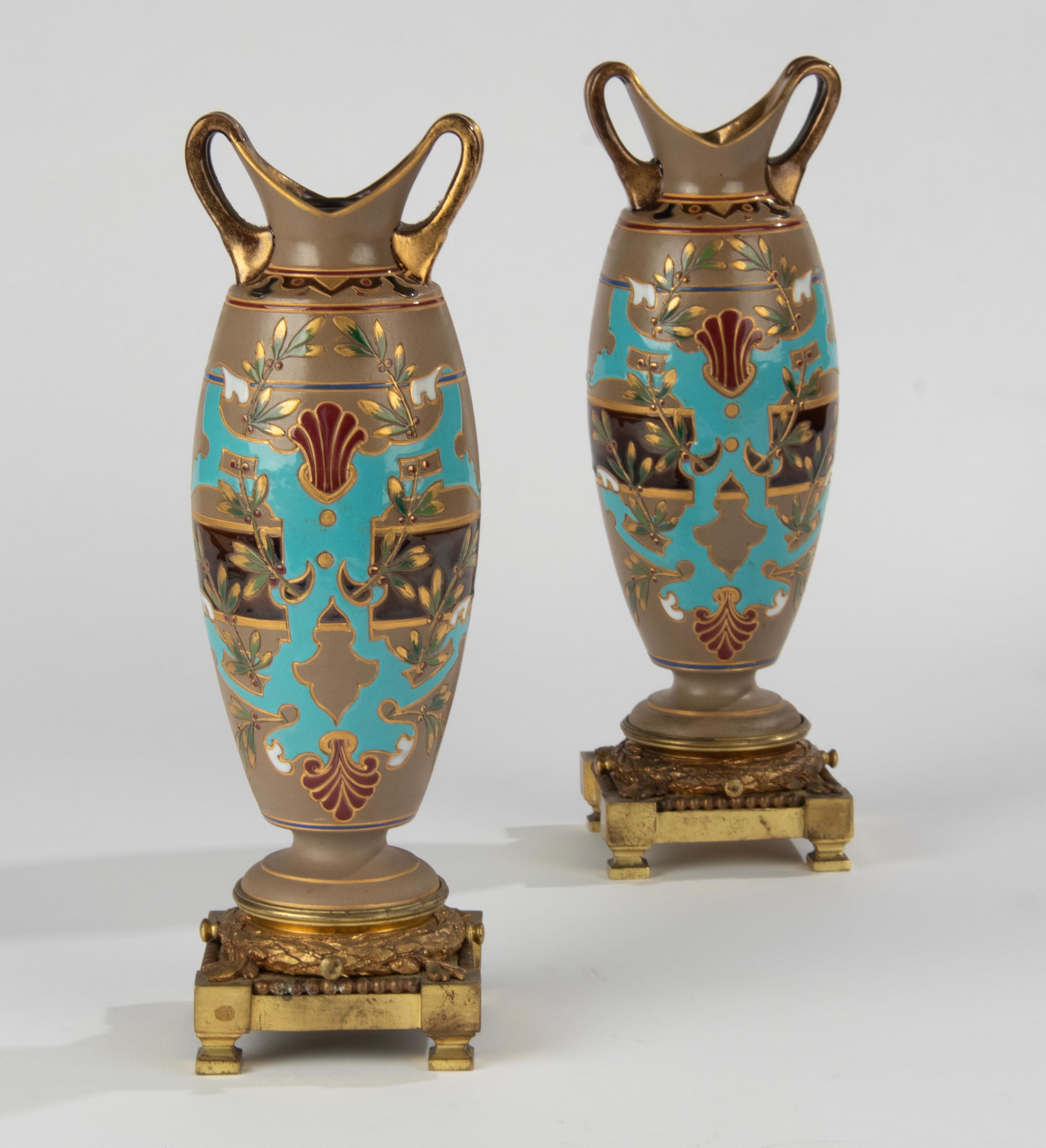 Pair of Antique Majolica Ceramic Vases with Bronze Mounts by Sarreguemines For Sale 2