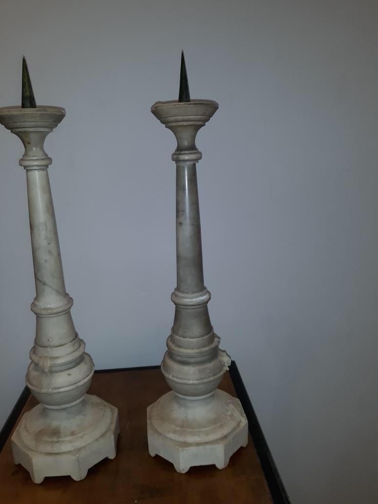 Neoclassical Pair of Antique Marble Prickett Form Candlesticks For Sale