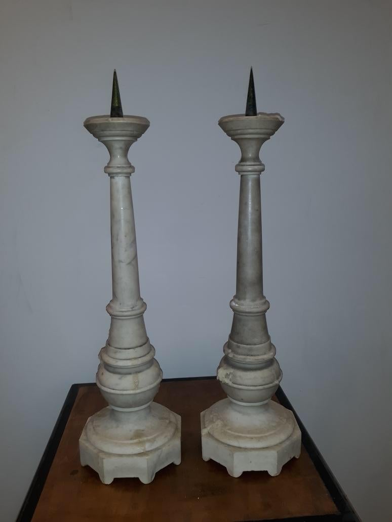 19th Century Pair of Antique Marble Prickett Form Candlesticks For Sale