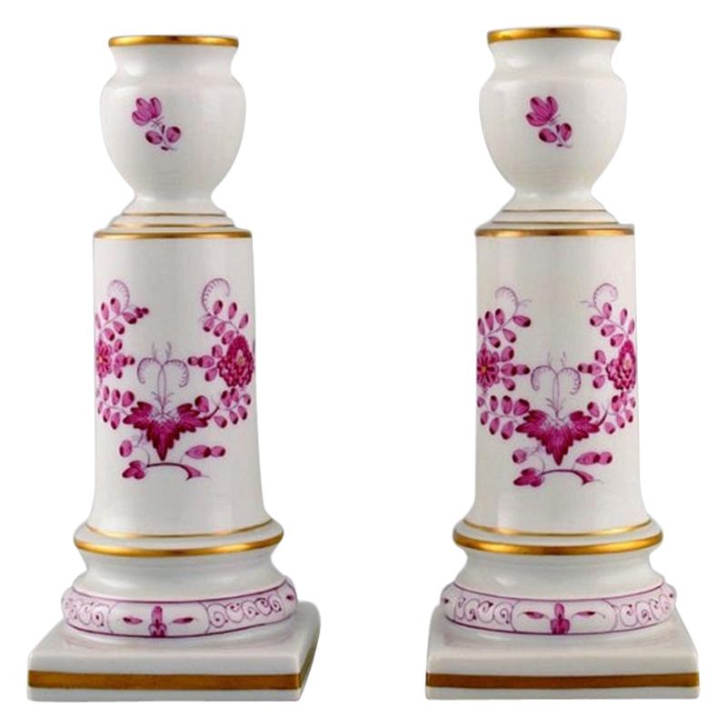 Pair of Antique Meissen Pink Indian Candlesticks in Hand-Painted Porcelain