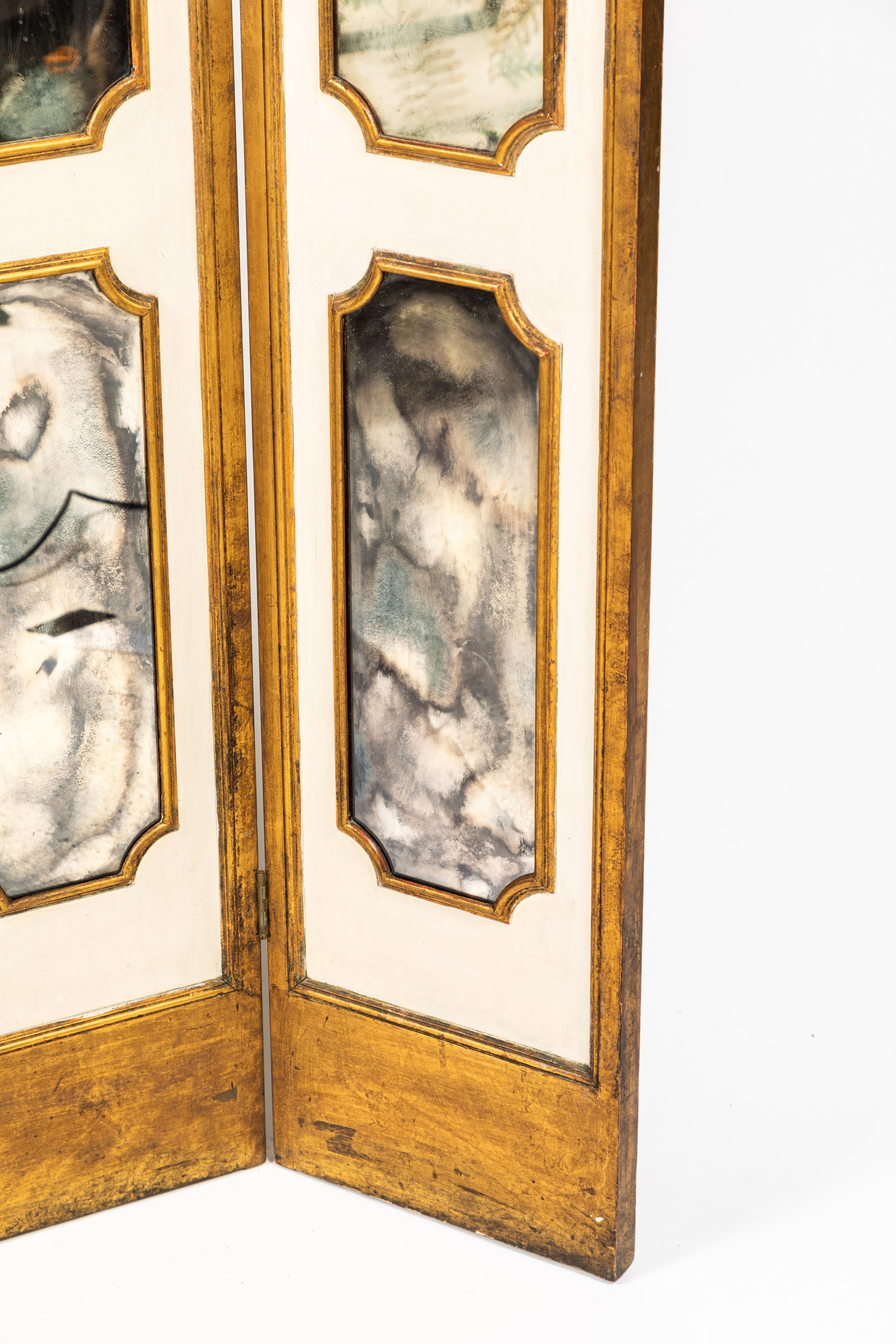 Mid-20th Century Pair of Antique Mirror and Paint Decorated Folding Screens