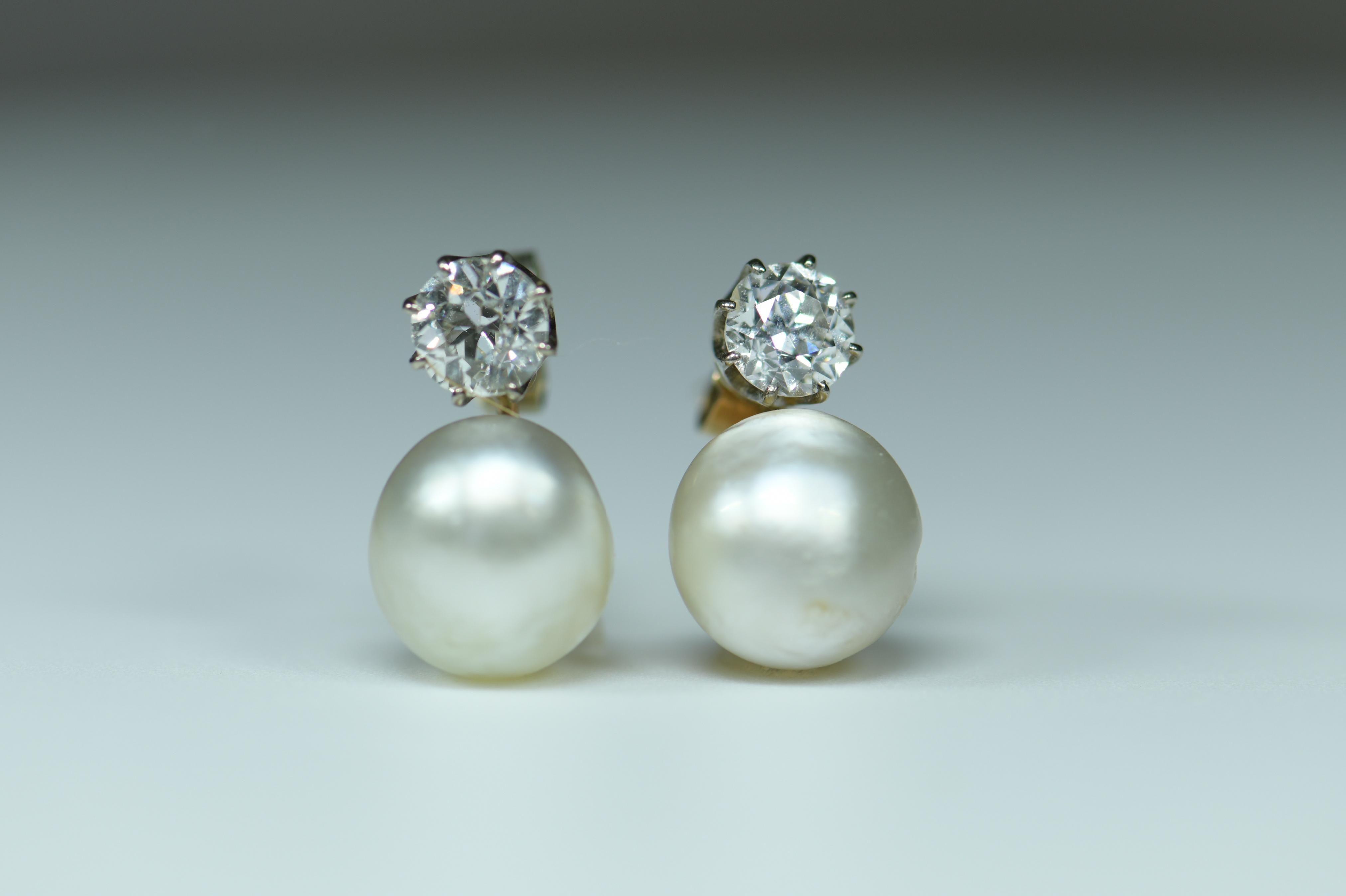 These glamorous natural pearl diamond earrings feature two well-matched beautiful natural pearls, measuring 10.2 x 9.8 x 7.2 and 10.2 x 9.4 x 7.9mm in size. Both pearls are natural saltwater with no indications of treatment accompanied GCS
