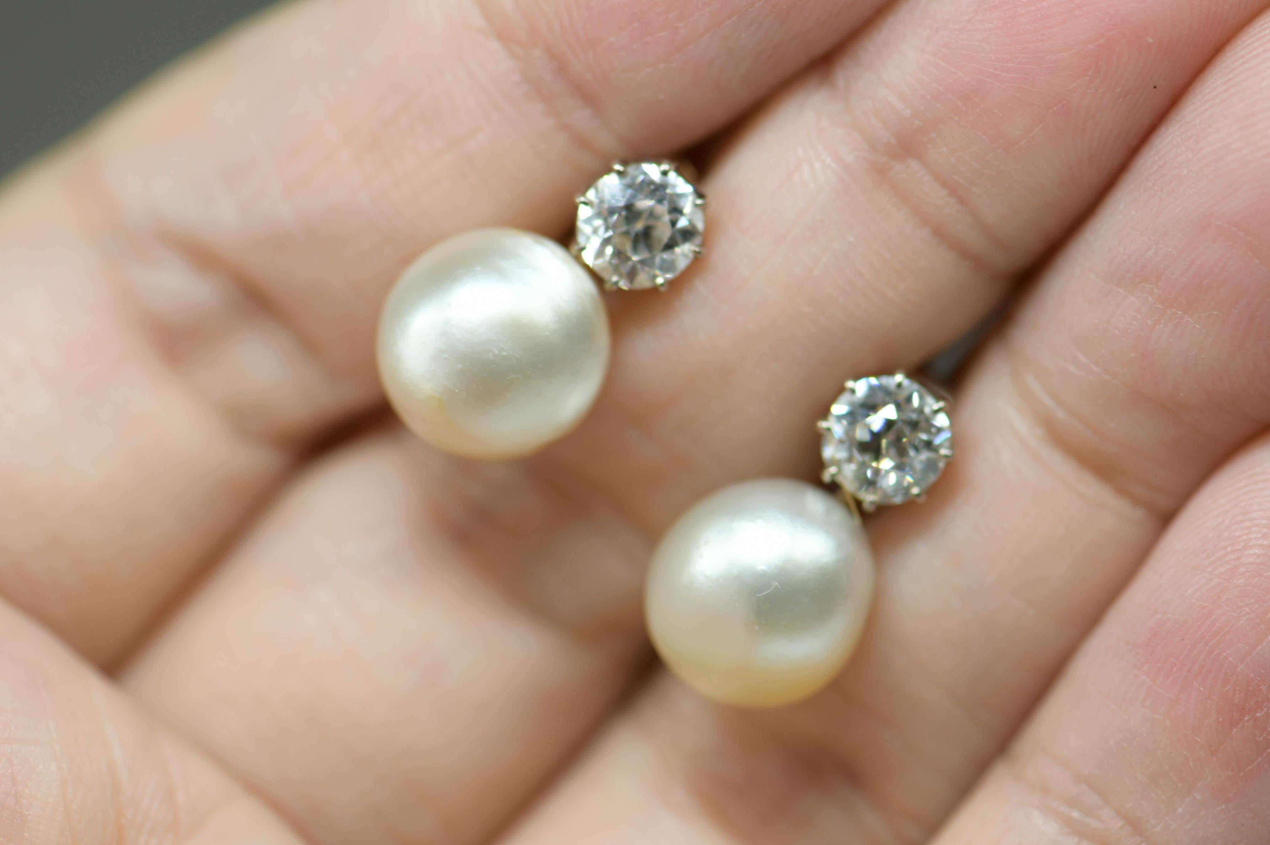 Edwardian Pair of Antique Natural Pearl and Diamond Earrings