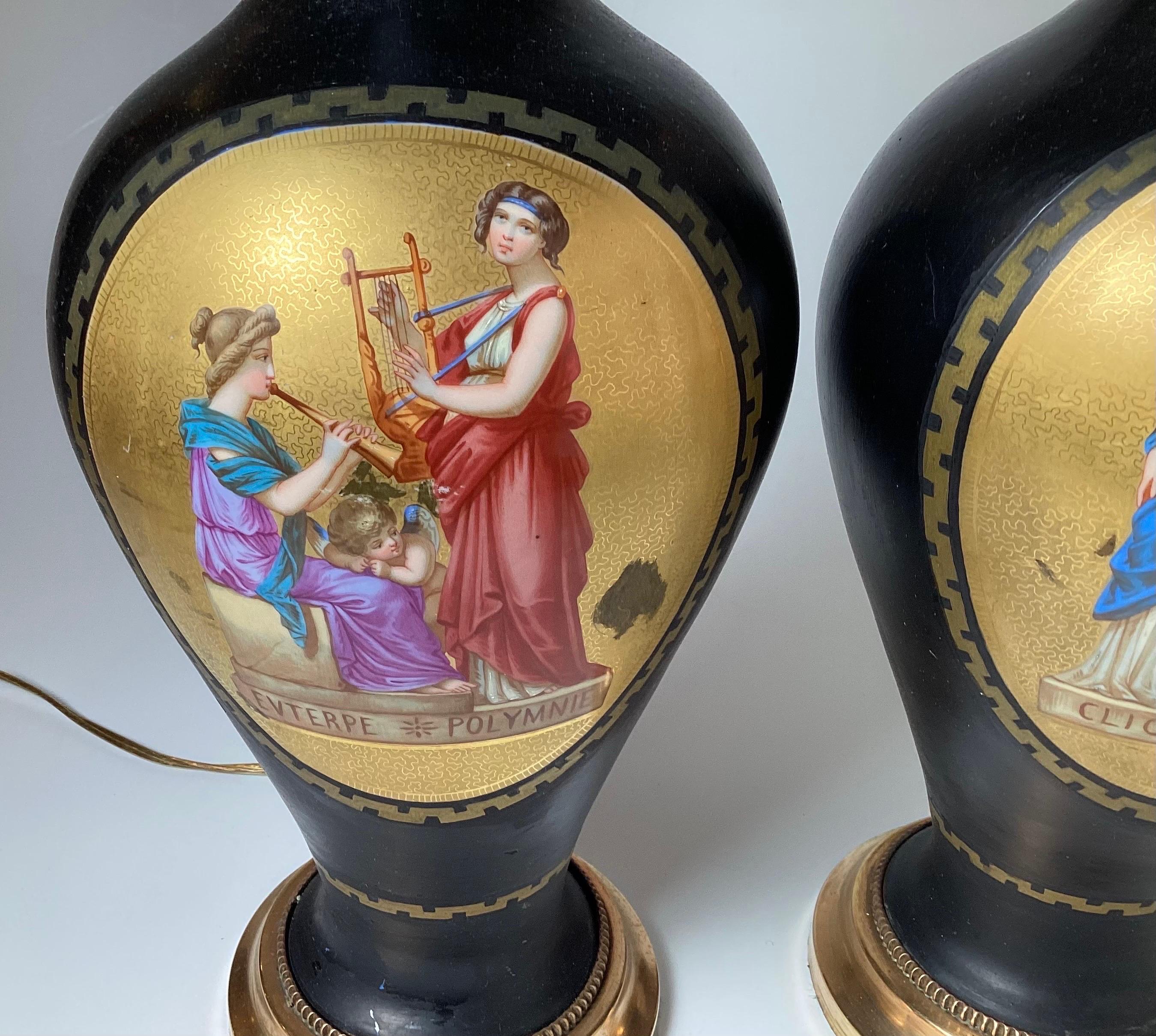 French Pair of Antique Neoclassical Paris Porcelain Vases as Lamps For Sale