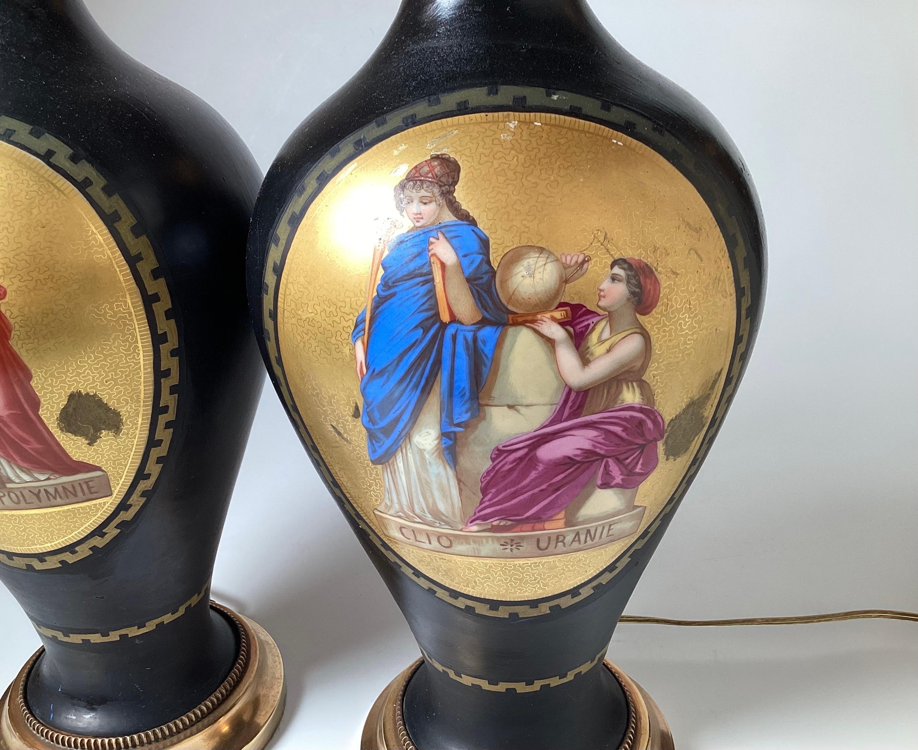 Hand-Painted Pair of Antique Neoclassical Paris Porcelain Vases as Lamps For Sale