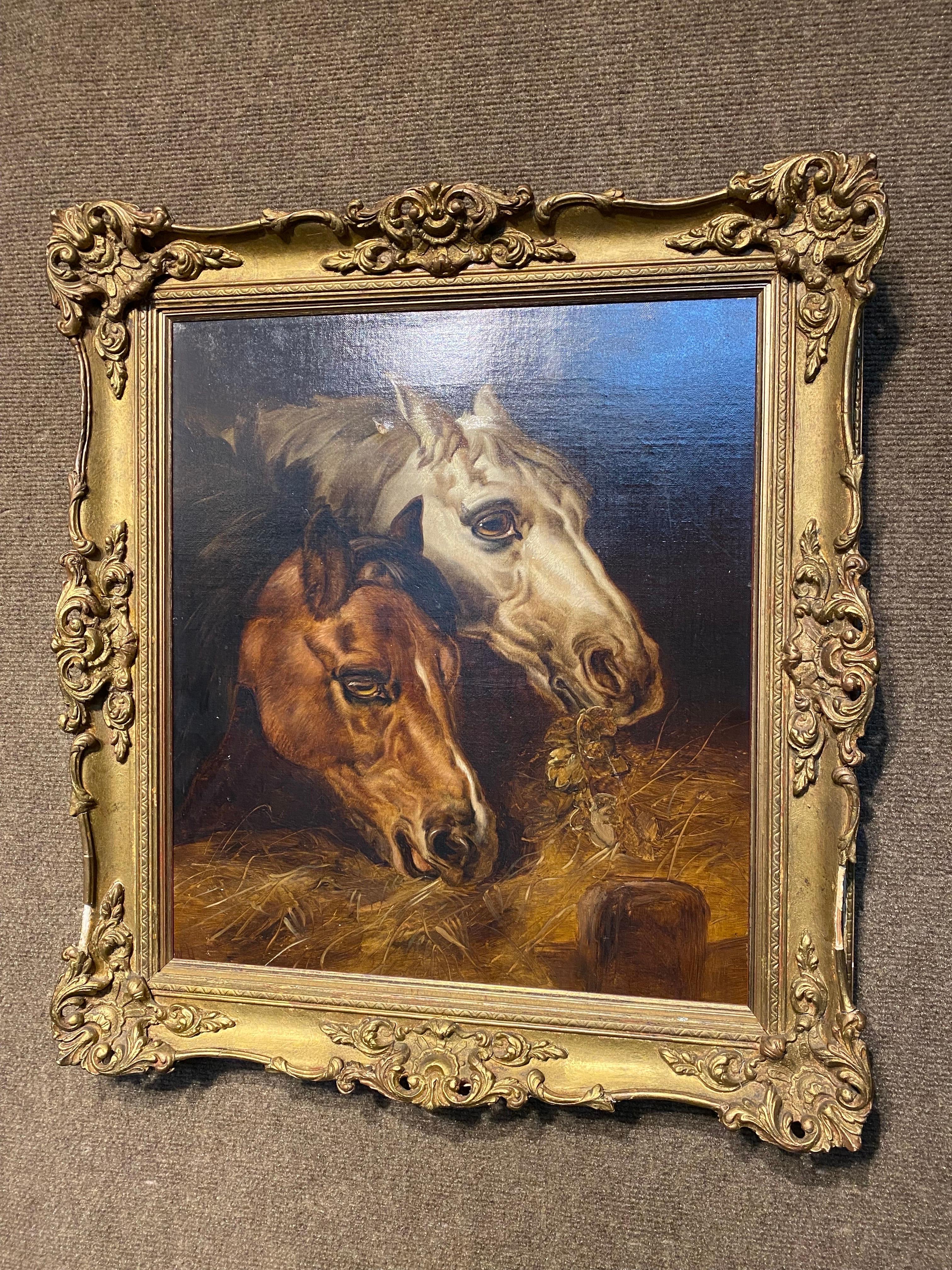 Coppia di dipinti antichi a olio/tela raffiguranti un cavallo e una giumenta, firmati/corniciati  in vendita 1