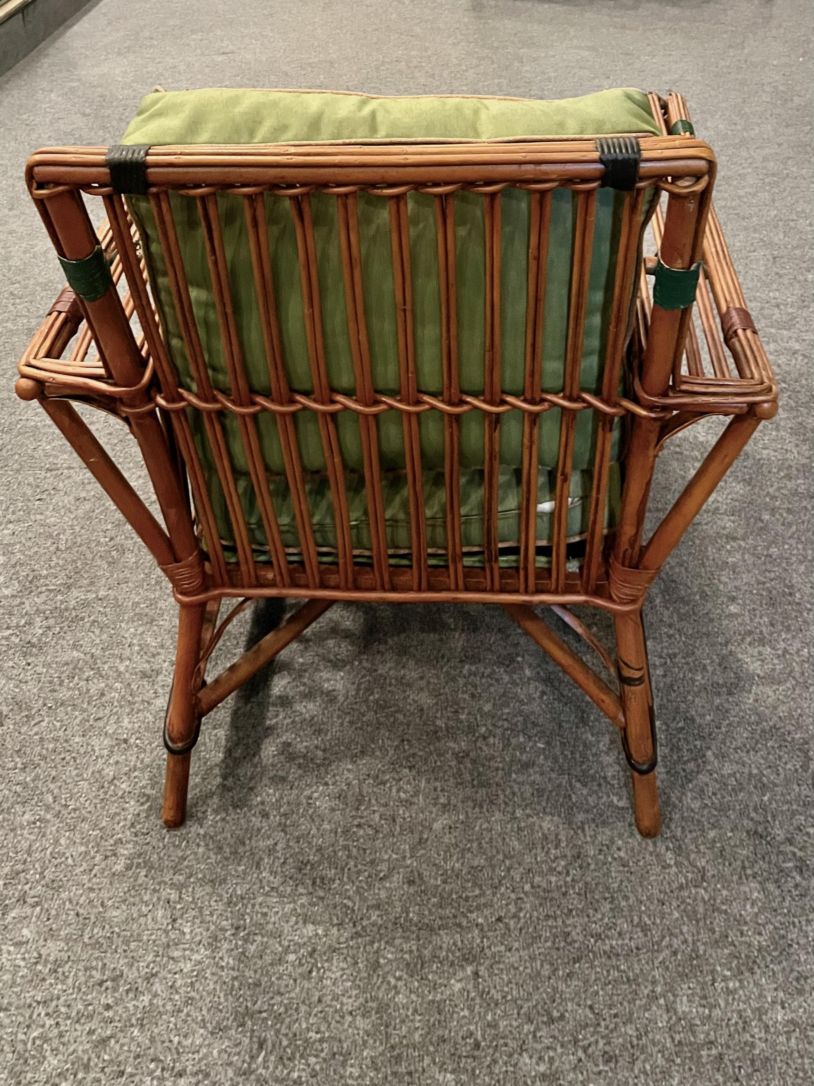 A Pair of Antique Rattan / Stick Wicker Arm Chairs in Natural with Colored Trim For Sale 2
