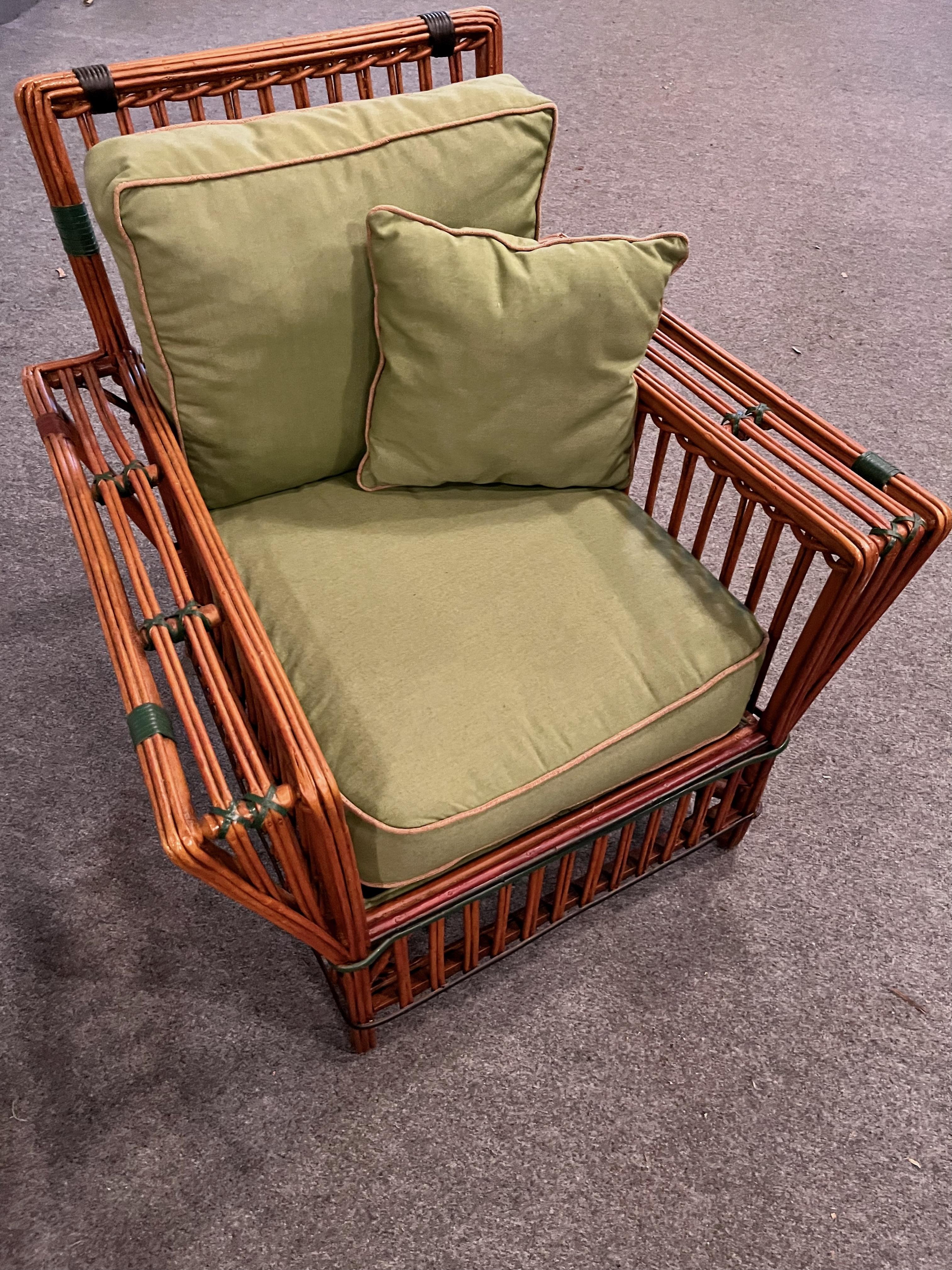 A Pair of Antique Rattan / Stick Wicker Arm Chairs in Natural with Colored Trim For Sale 3