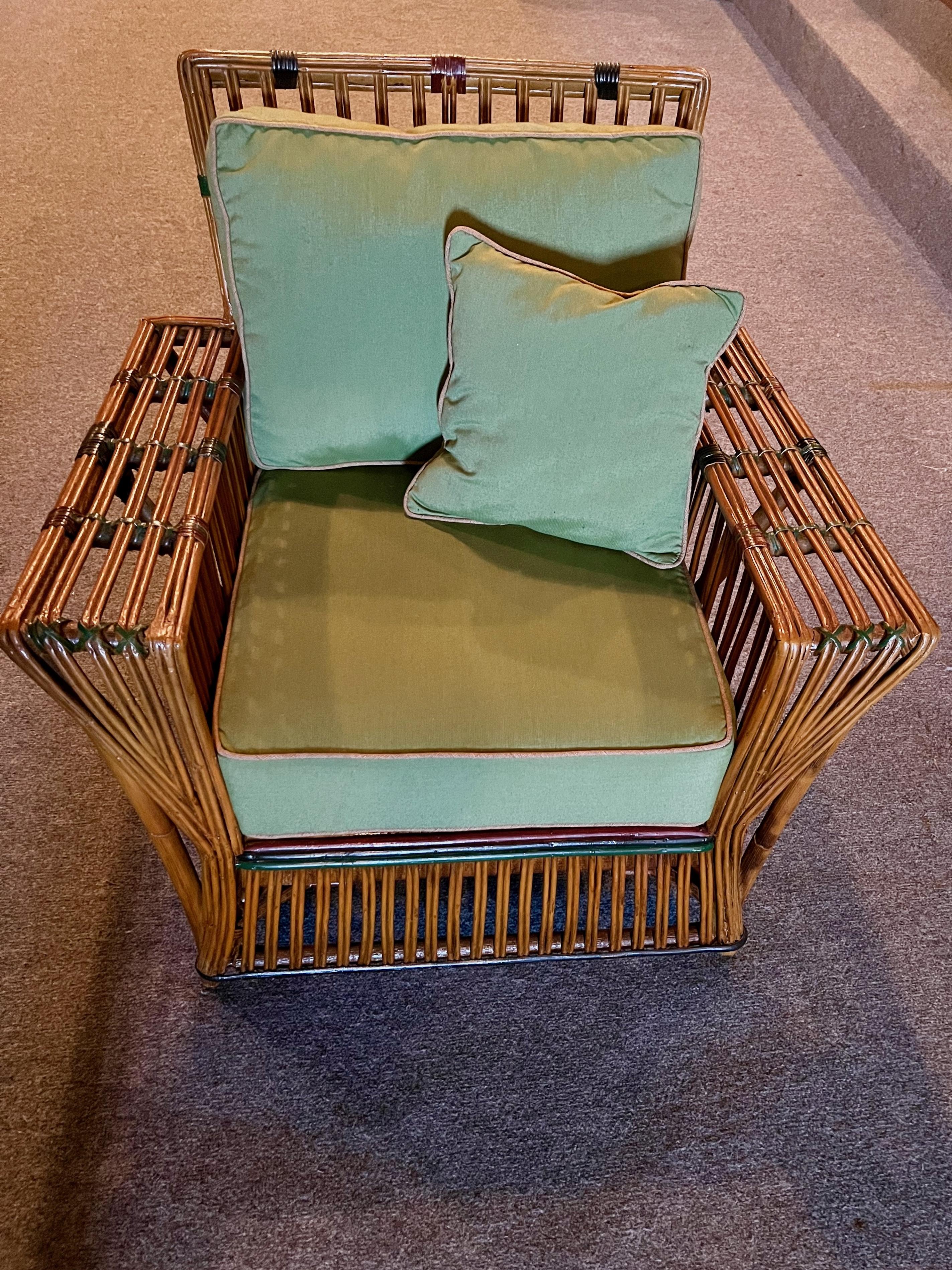 A Pair of Antique Rattan / Stick Wicker Arm Chairs in Natural with Colored Trim For Sale 4