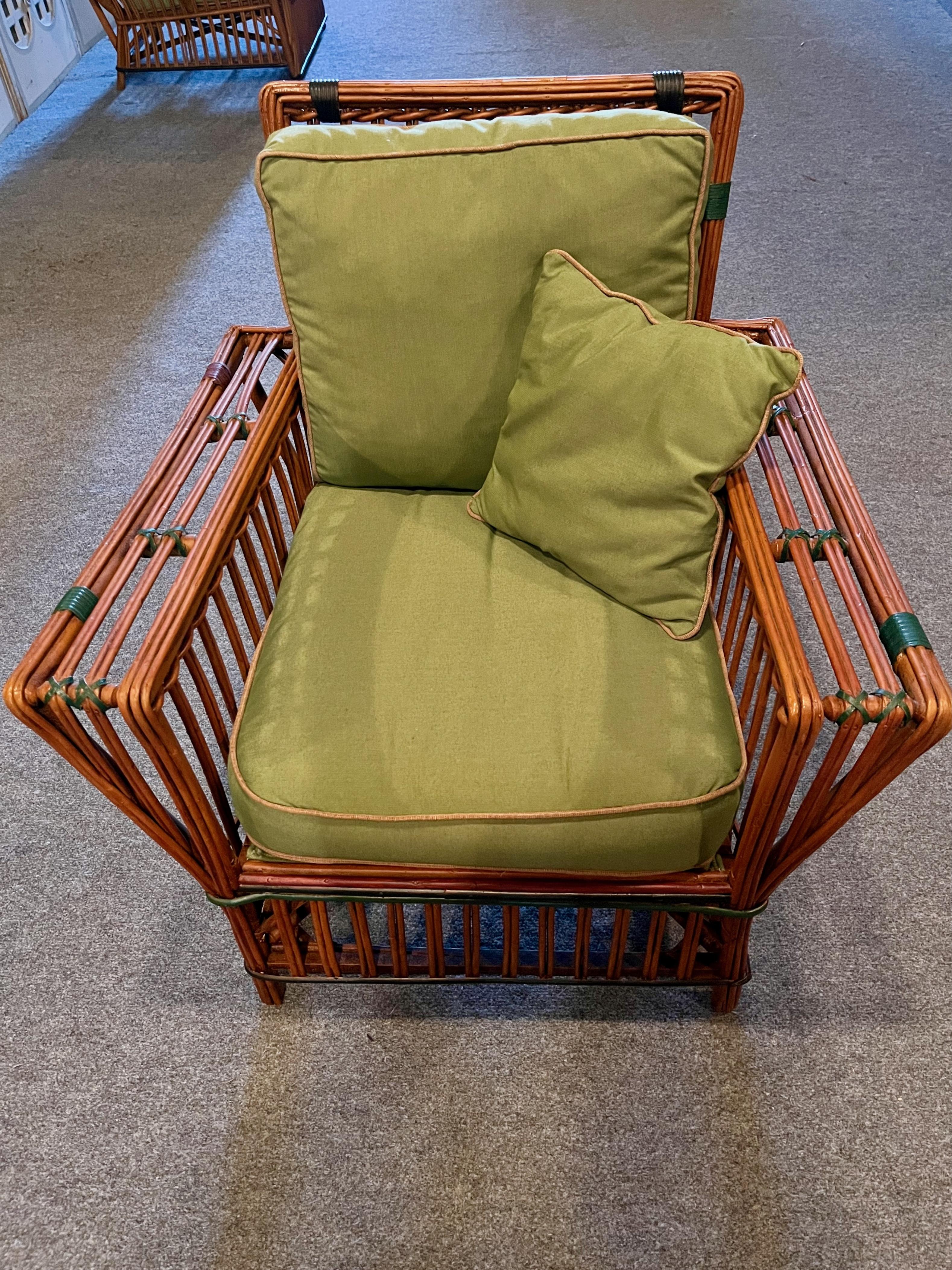 A Pair of Antique Rattan / Stick Wicker Arm Chairs in Natural with Colored Trim For Sale 5