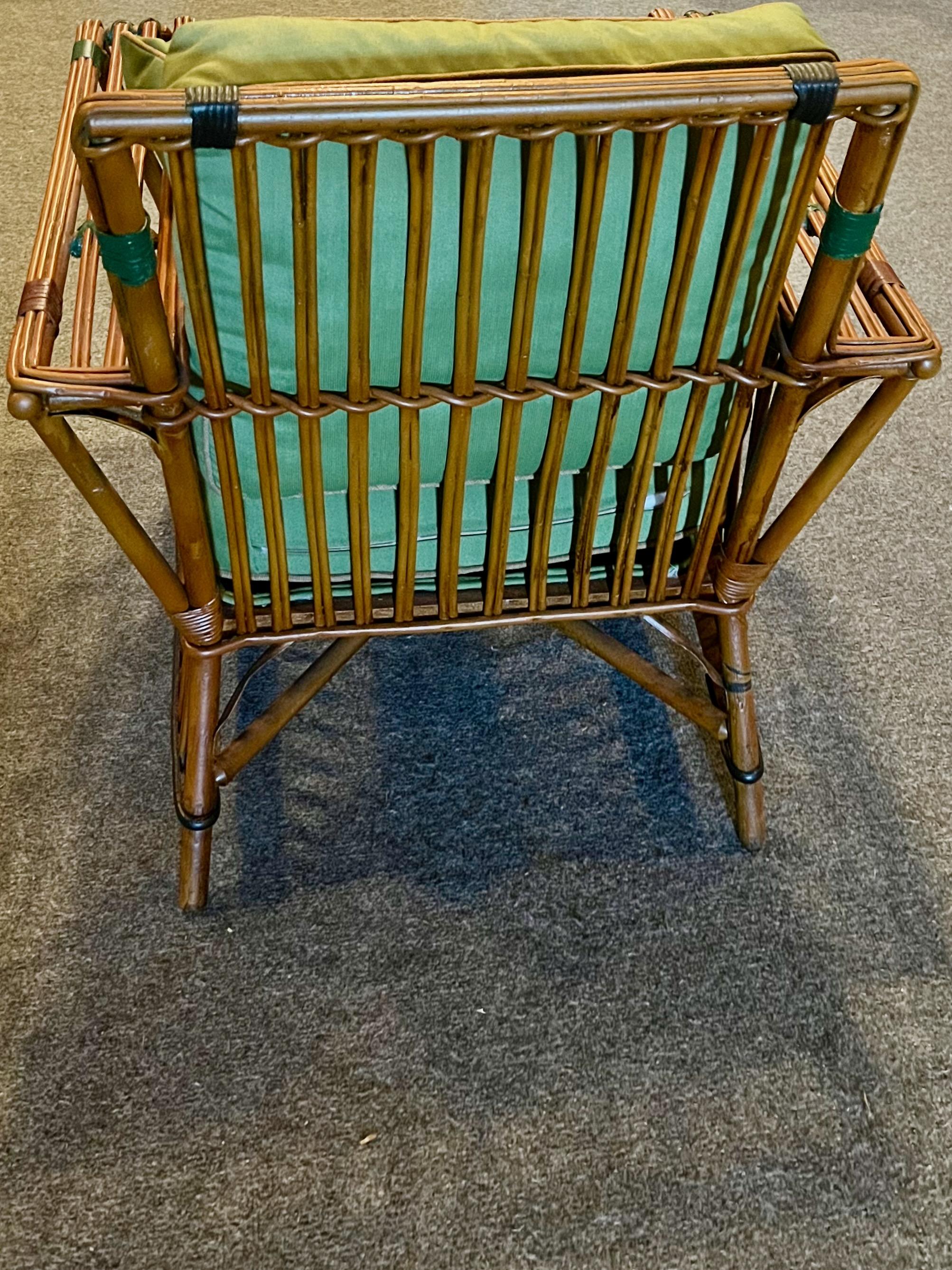 A Pair of Antique Rattan / Stick Wicker Arm Chairs in Natural with Colored Trim For Sale 6