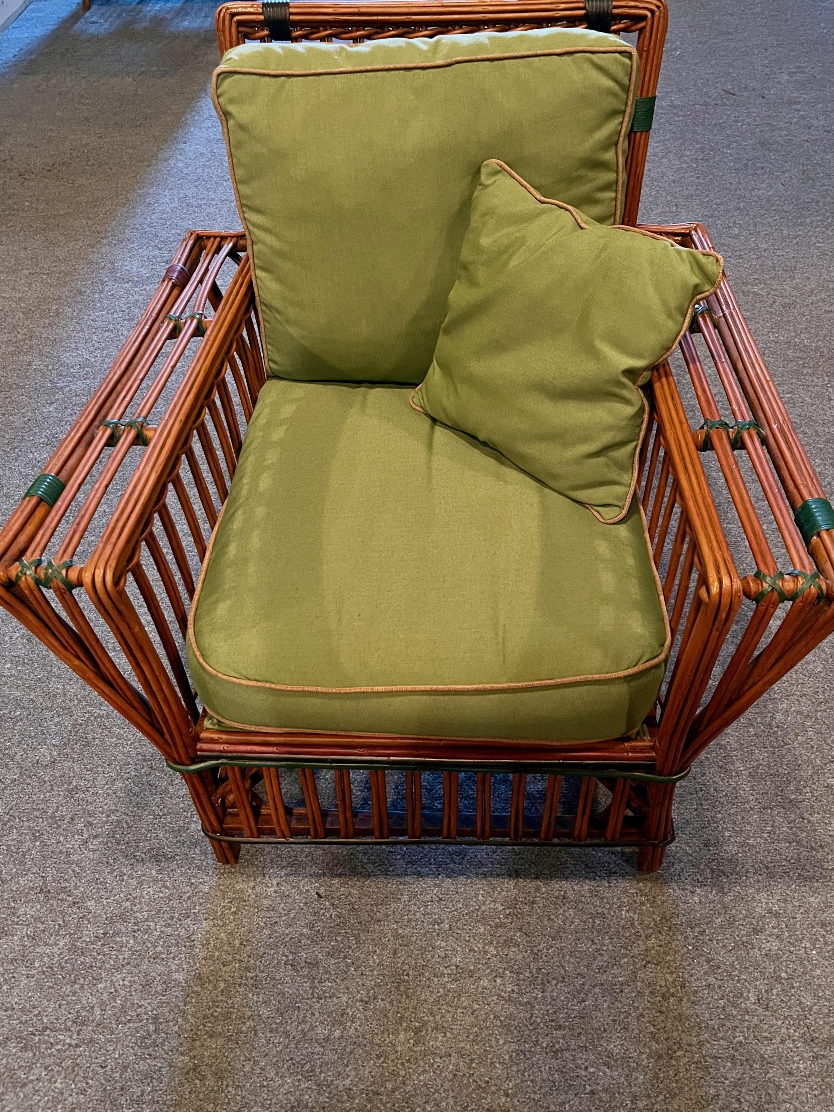 A Pair of Antique Rattan / Stick Wicker Arm Chairs in Natural with Colored Trim For Sale 7