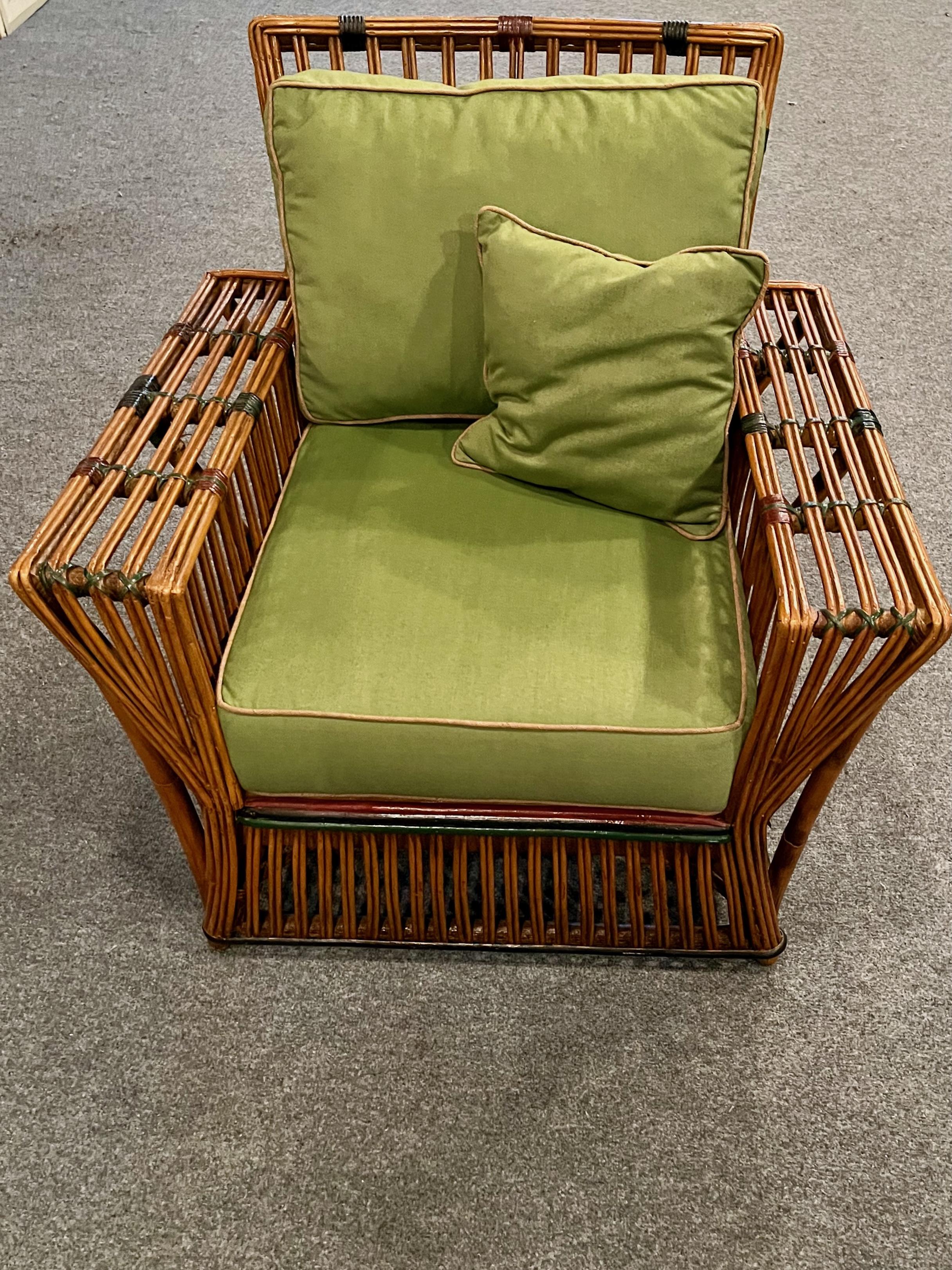 Art Deco A Pair of Antique Rattan / Stick Wicker Arm Chairs in Natural with Colored Trim For Sale