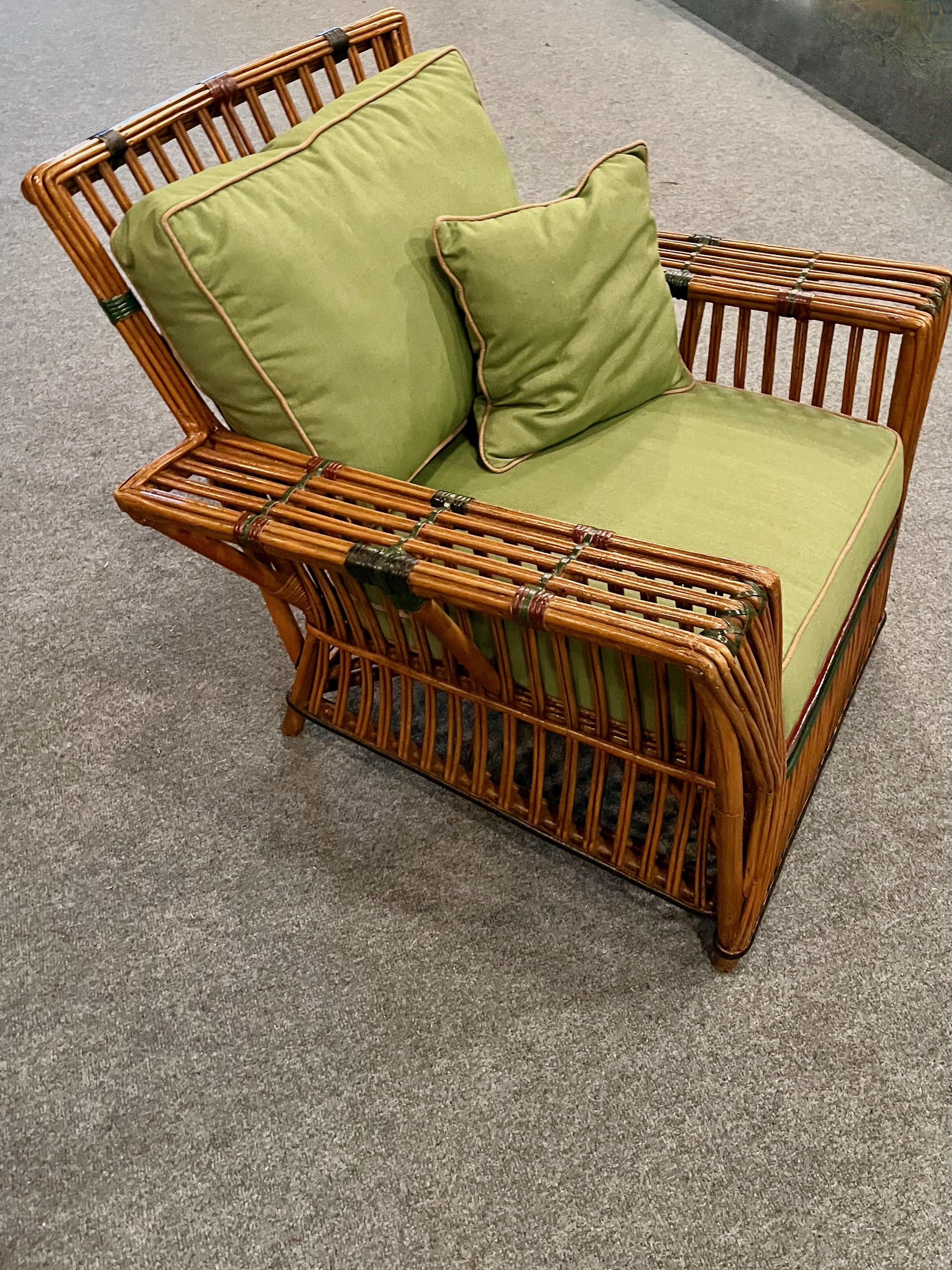 American A Pair of Antique Rattan / Stick Wicker Arm Chairs in Natural with Colored Trim For Sale