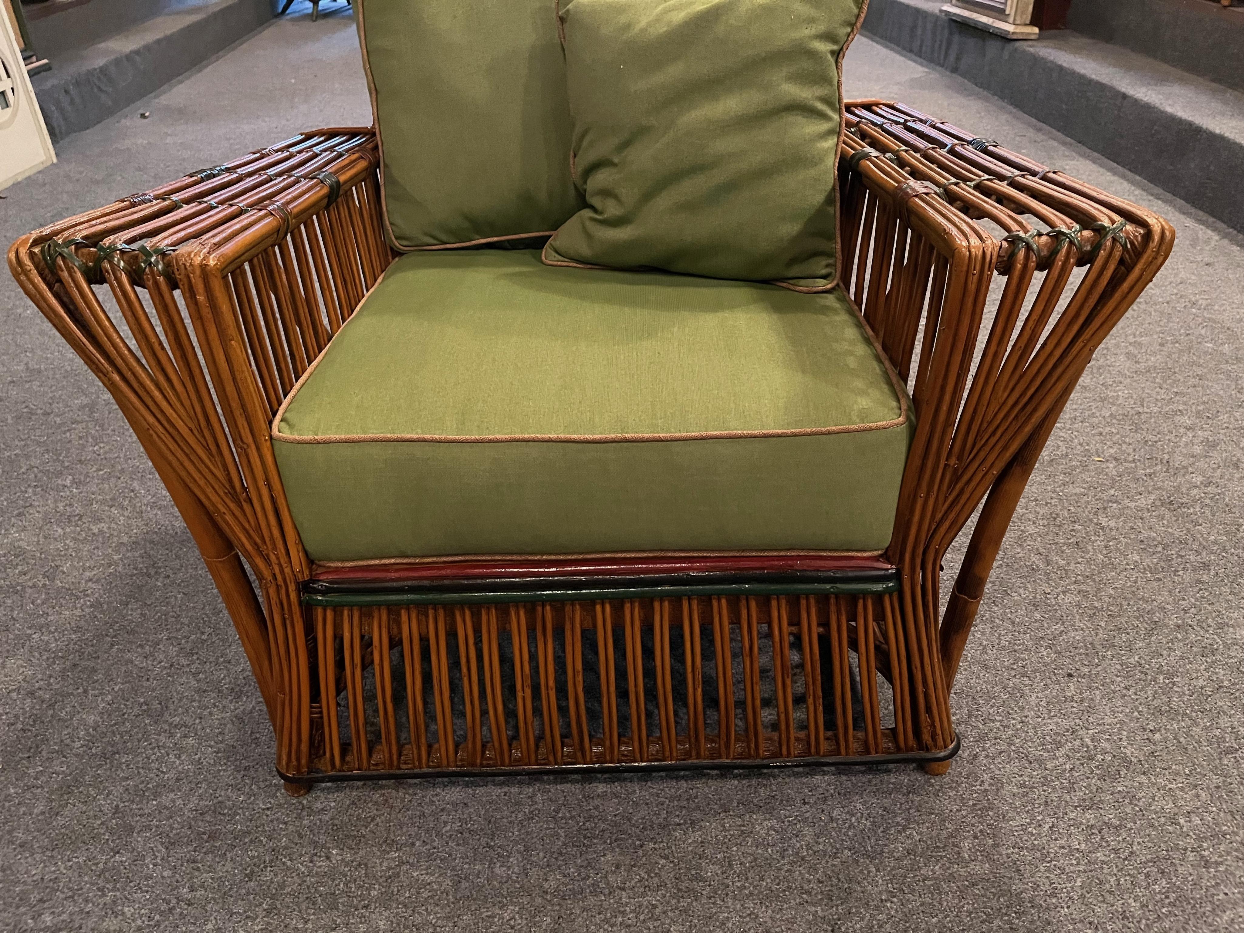Hand-Crafted A Pair of Antique Rattan / Stick Wicker Arm Chairs in Natural with Colored Trim For Sale