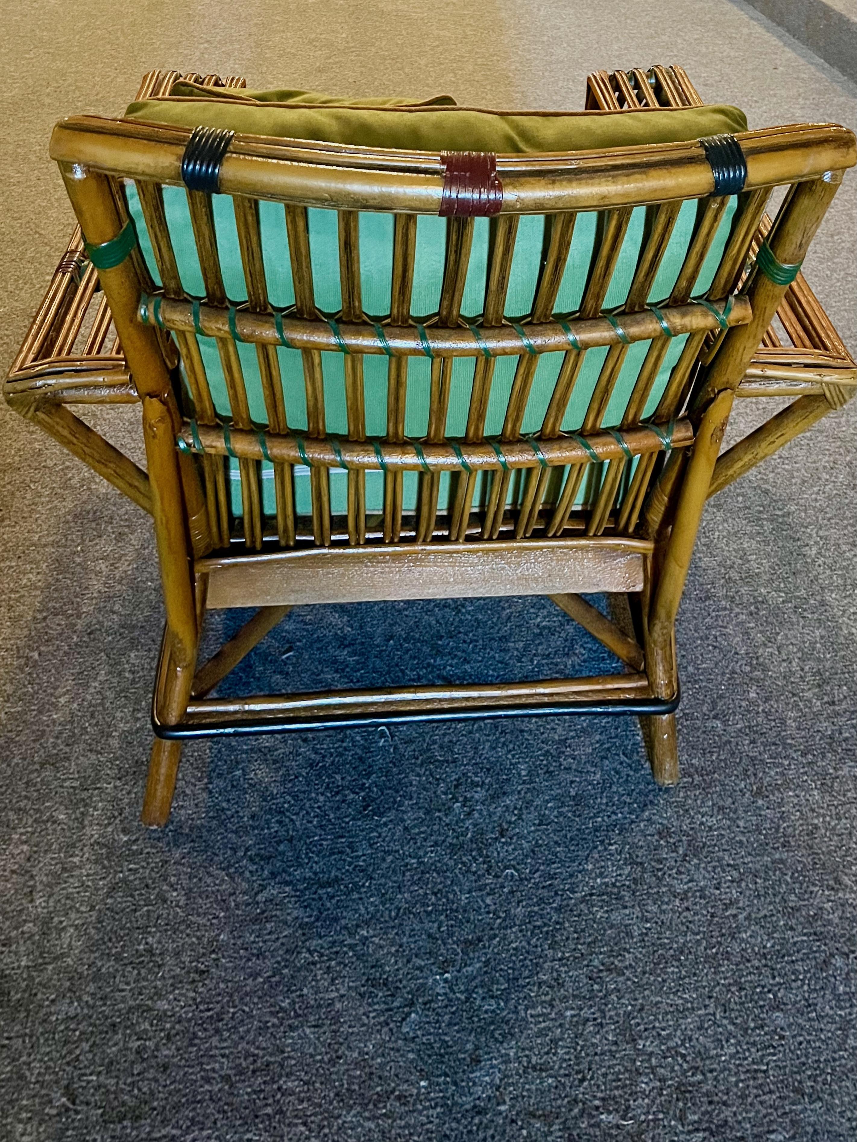 A Pair of Antique Rattan / Stick Wicker Arm Chairs in Natural with Colored Trim In Good Condition For Sale In Nashua, NH