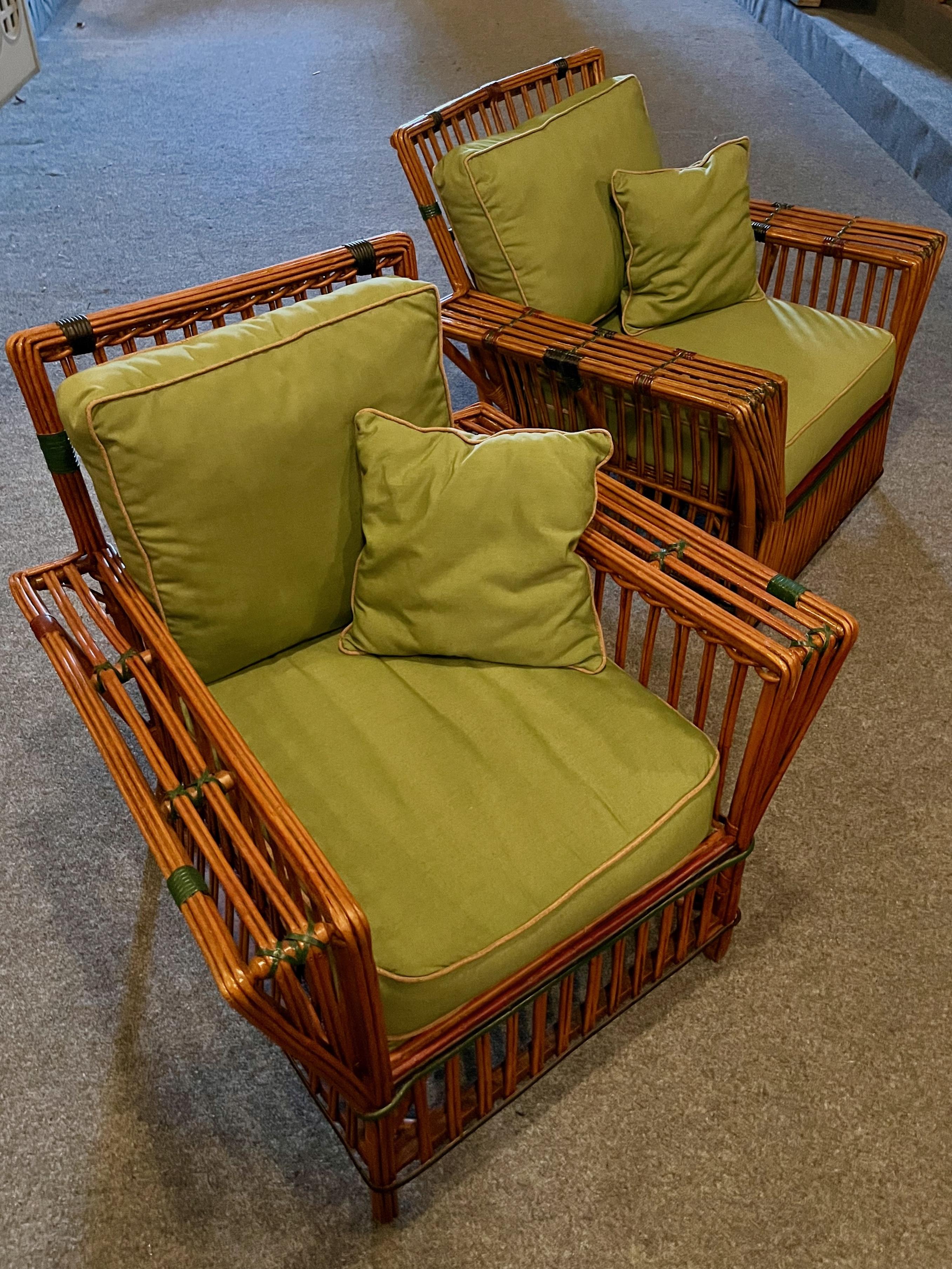 Upholstery A Pair of Antique Rattan / Stick Wicker Arm Chairs in Natural with Colored Trim For Sale