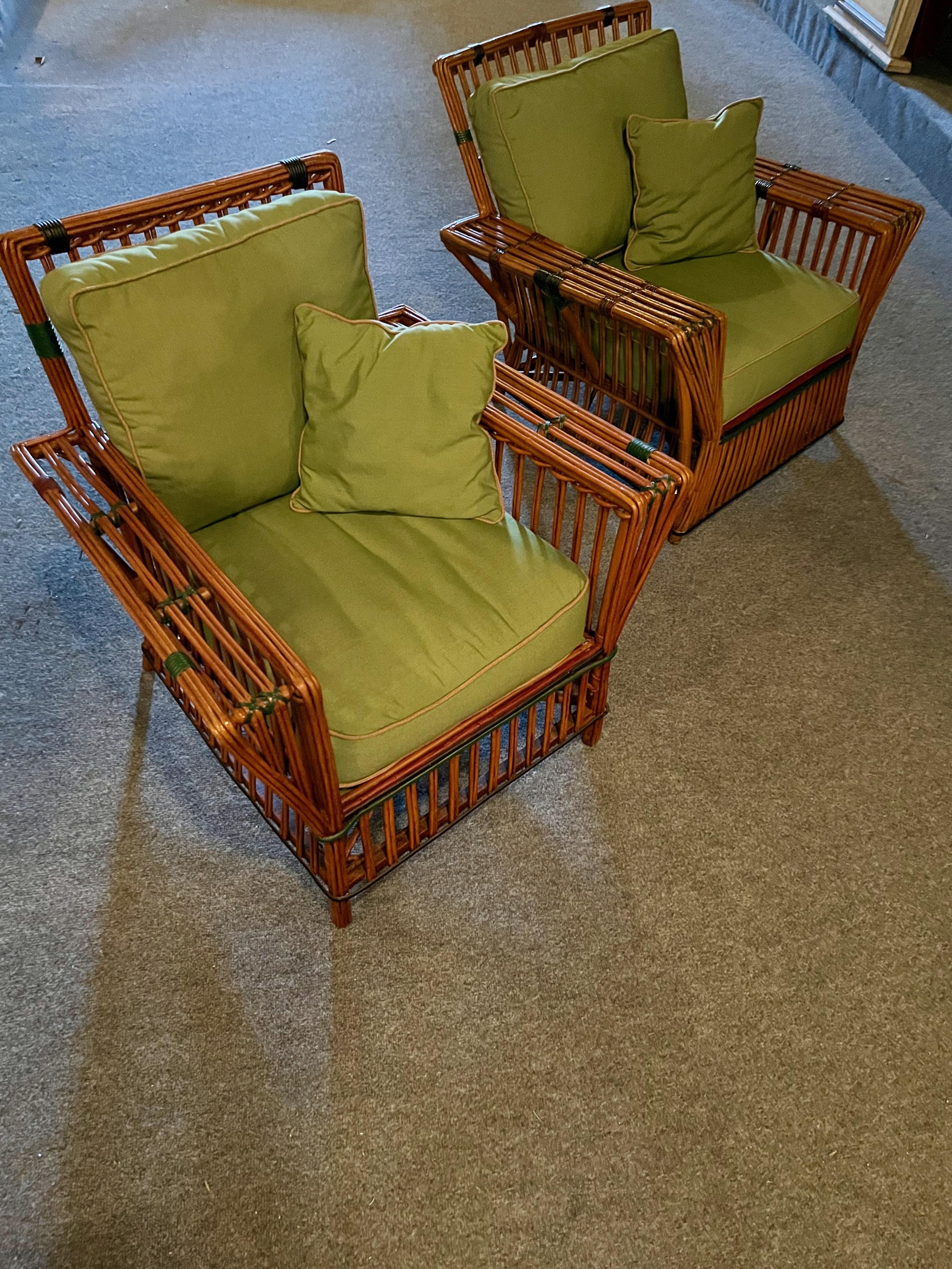 A Pair of Antique Rattan / Stick Wicker Arm Chairs in Natural with Colored Trim For Sale 1