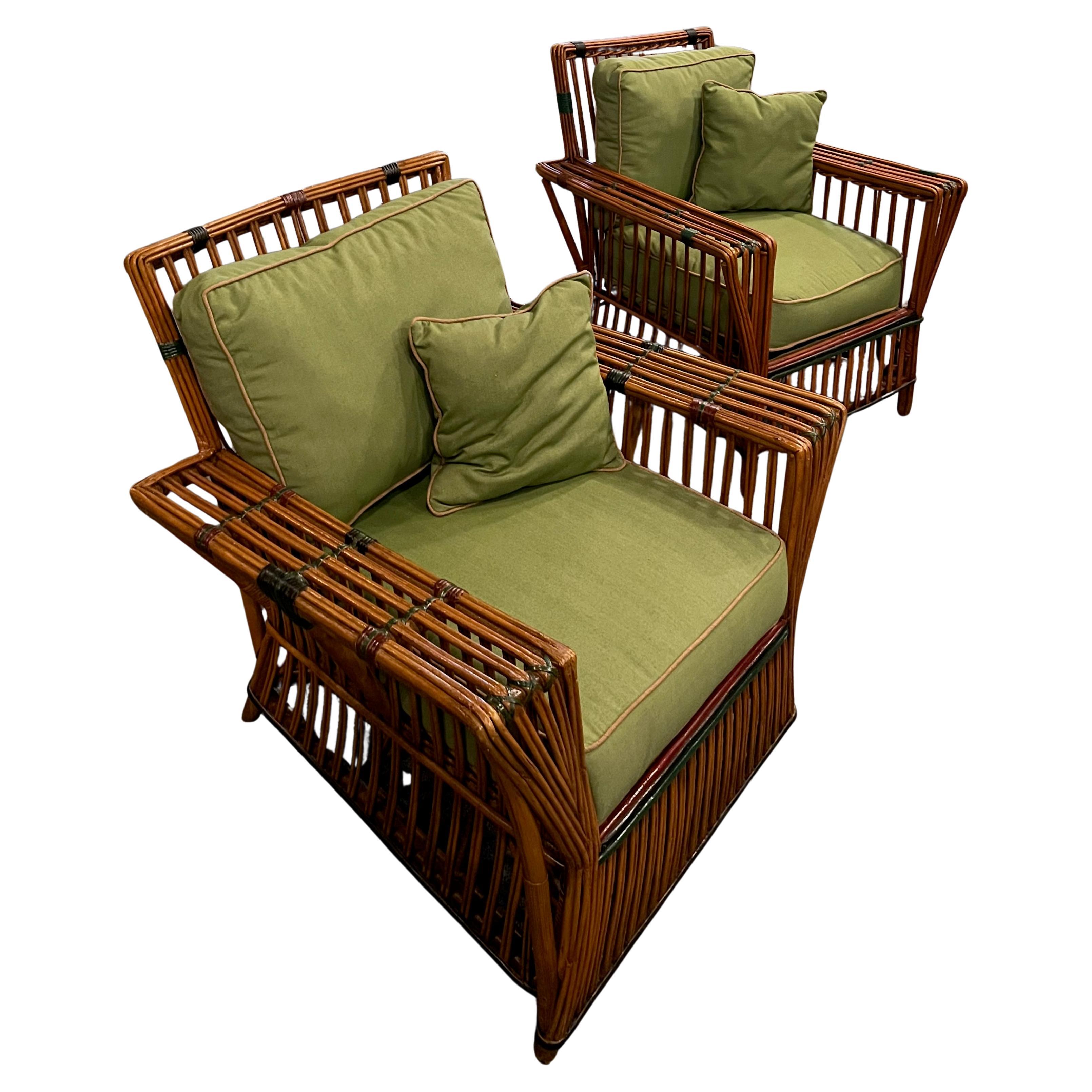 A Pair of Antique Rattan / Stick Wicker Arm Chairs in Natural with Colored Trim For Sale