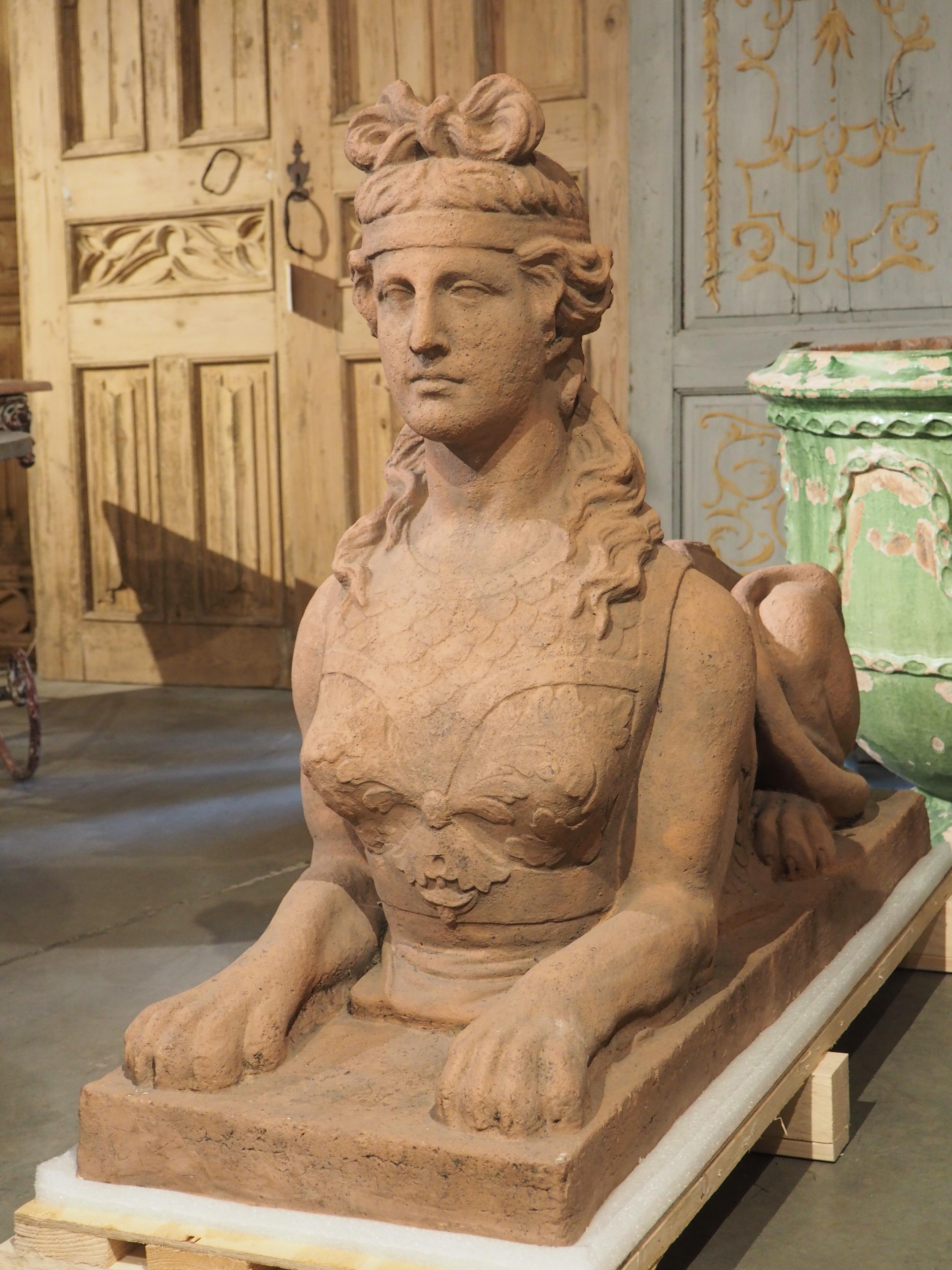Neoclassical Pair of Antique Red Stoneware Sphinxes, Felix Austin, 1833
