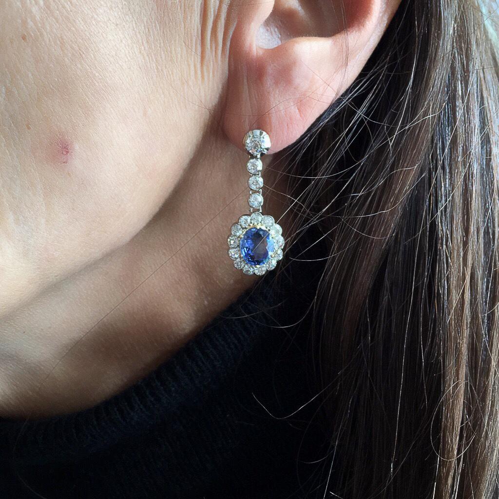 Pair of Antique Sapphire and Diamond Earrings In Excellent Condition In New York, NY