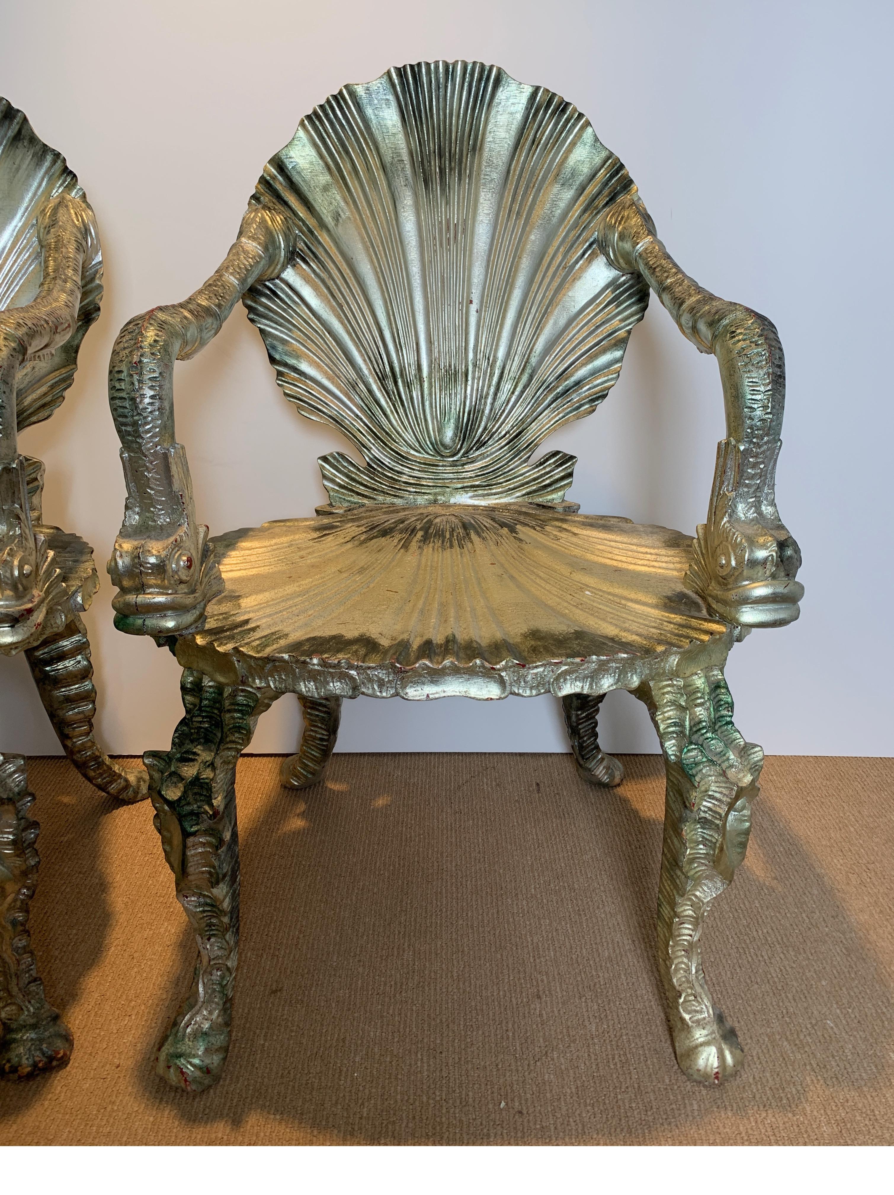 Italian Pair of Antique Silver Leaf Grotto Chairs