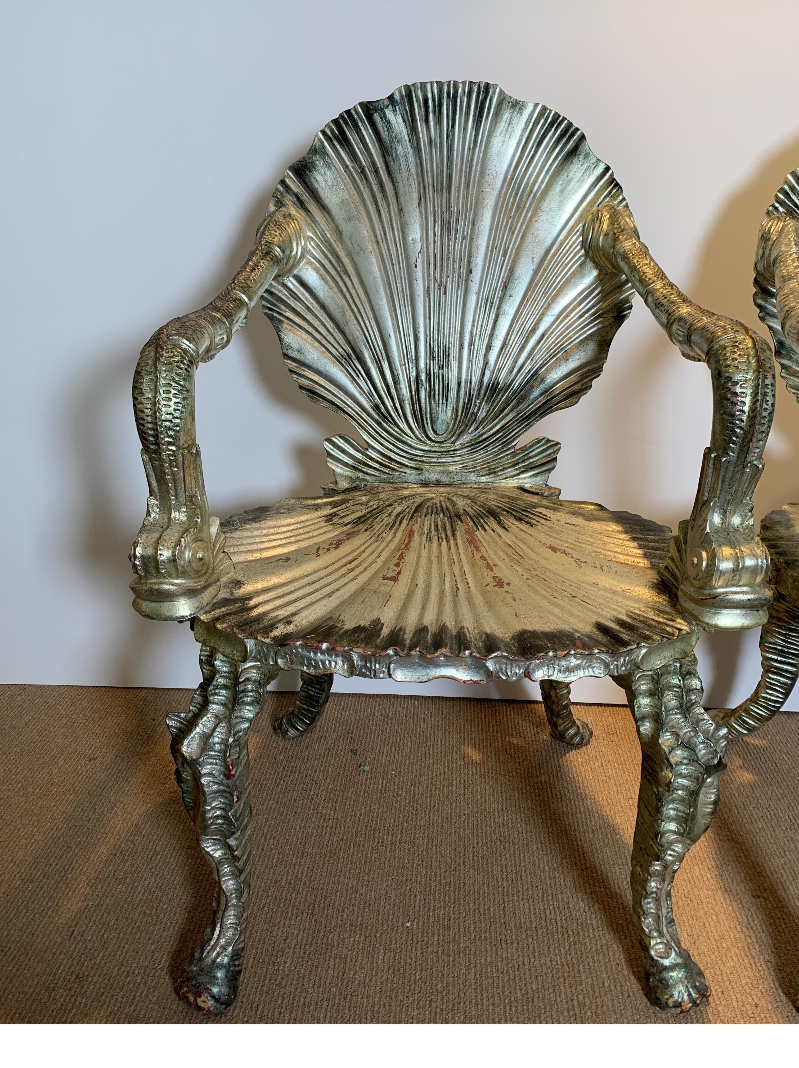 Silvered Pair of Antique Silver Leaf Grotto Chairs