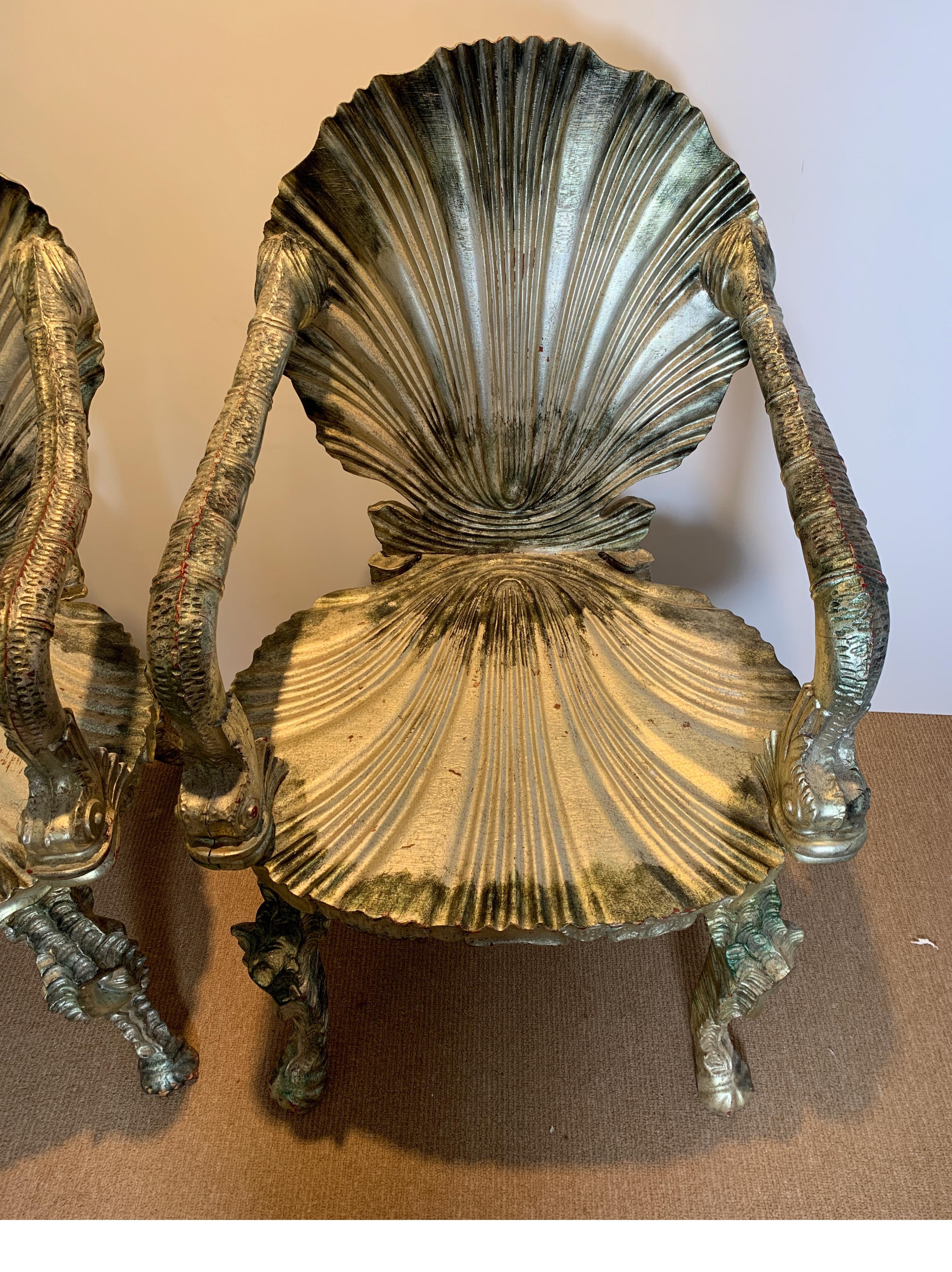 Hardwood Pair of Antique Silver Leaf Grotto Chairs