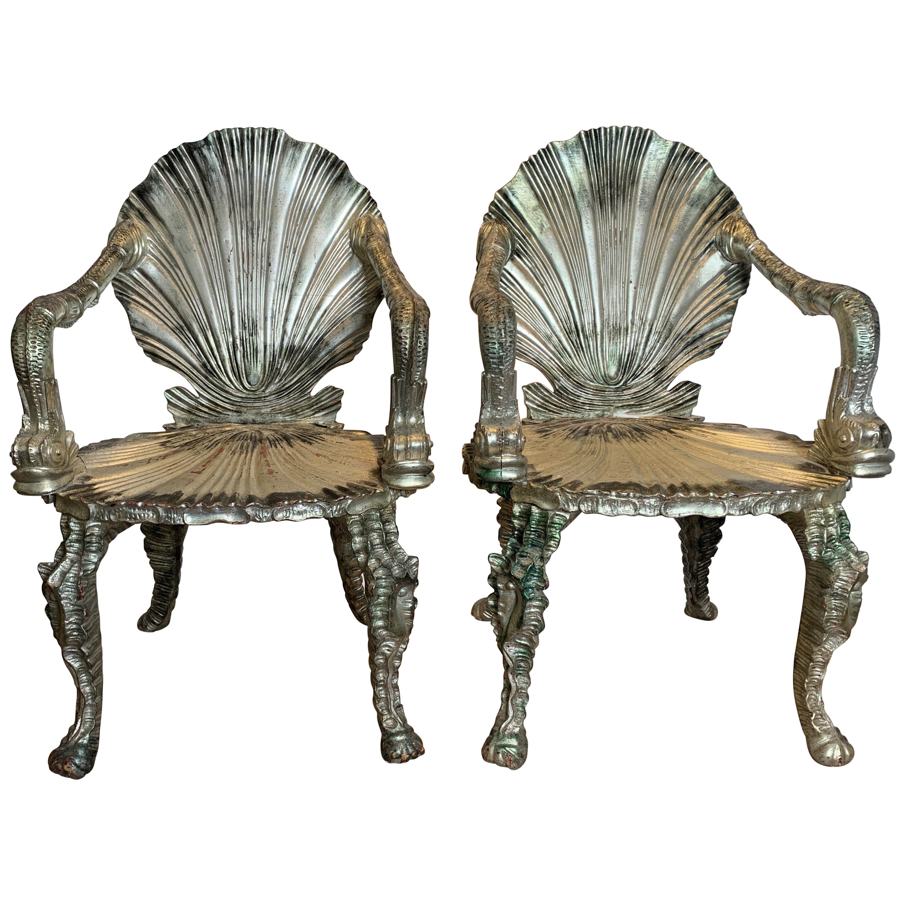 Pair of Antique Silver Leaf Grotto Chairs