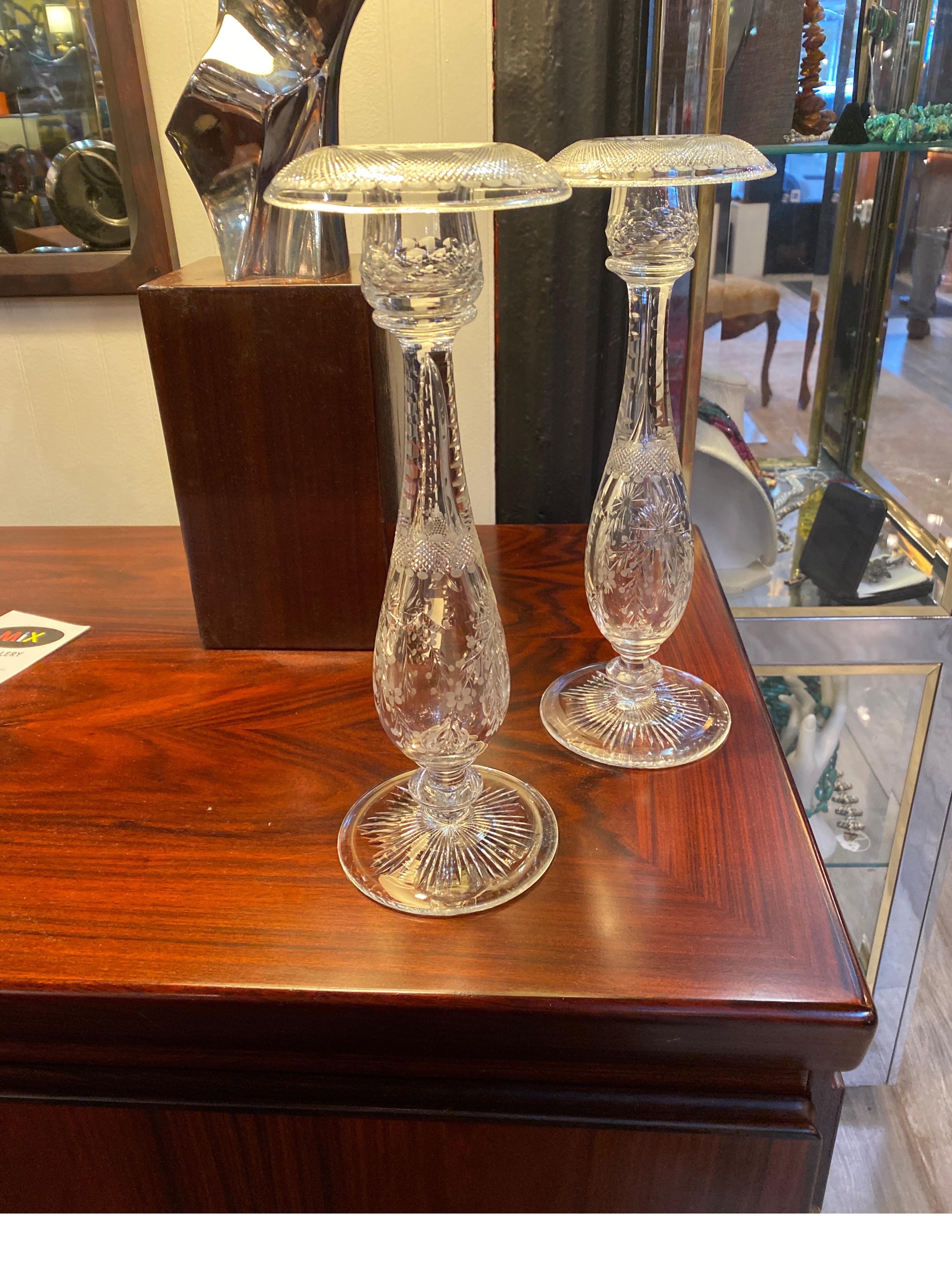 Pair of Antique Sinclair Glass Engraved Candlesticks, circa 1910 8