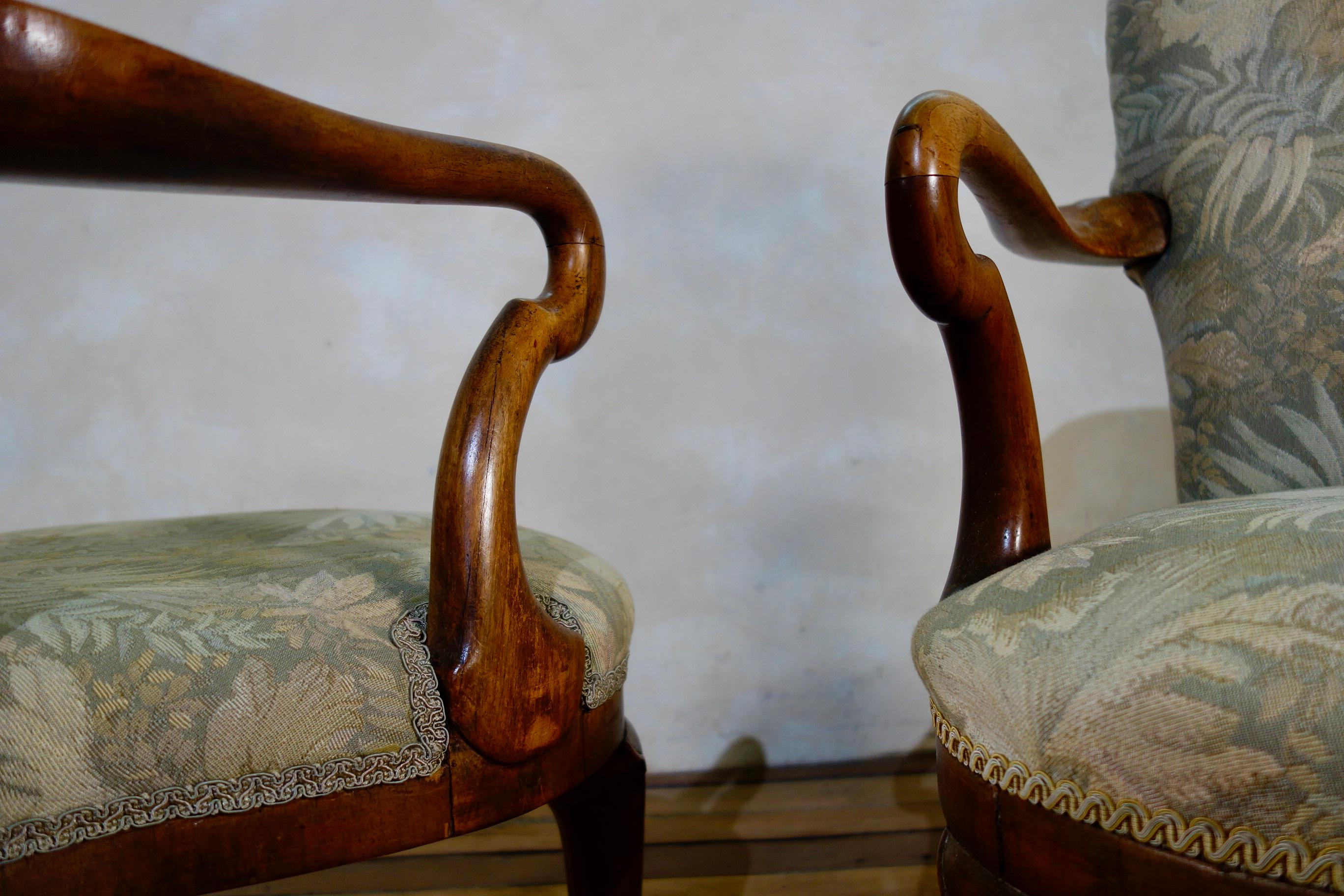 Pair of Antique Tapestry Upholstered George I Style Shepherd Crook Armchair In Good Condition In Basingstoke, Hampshire