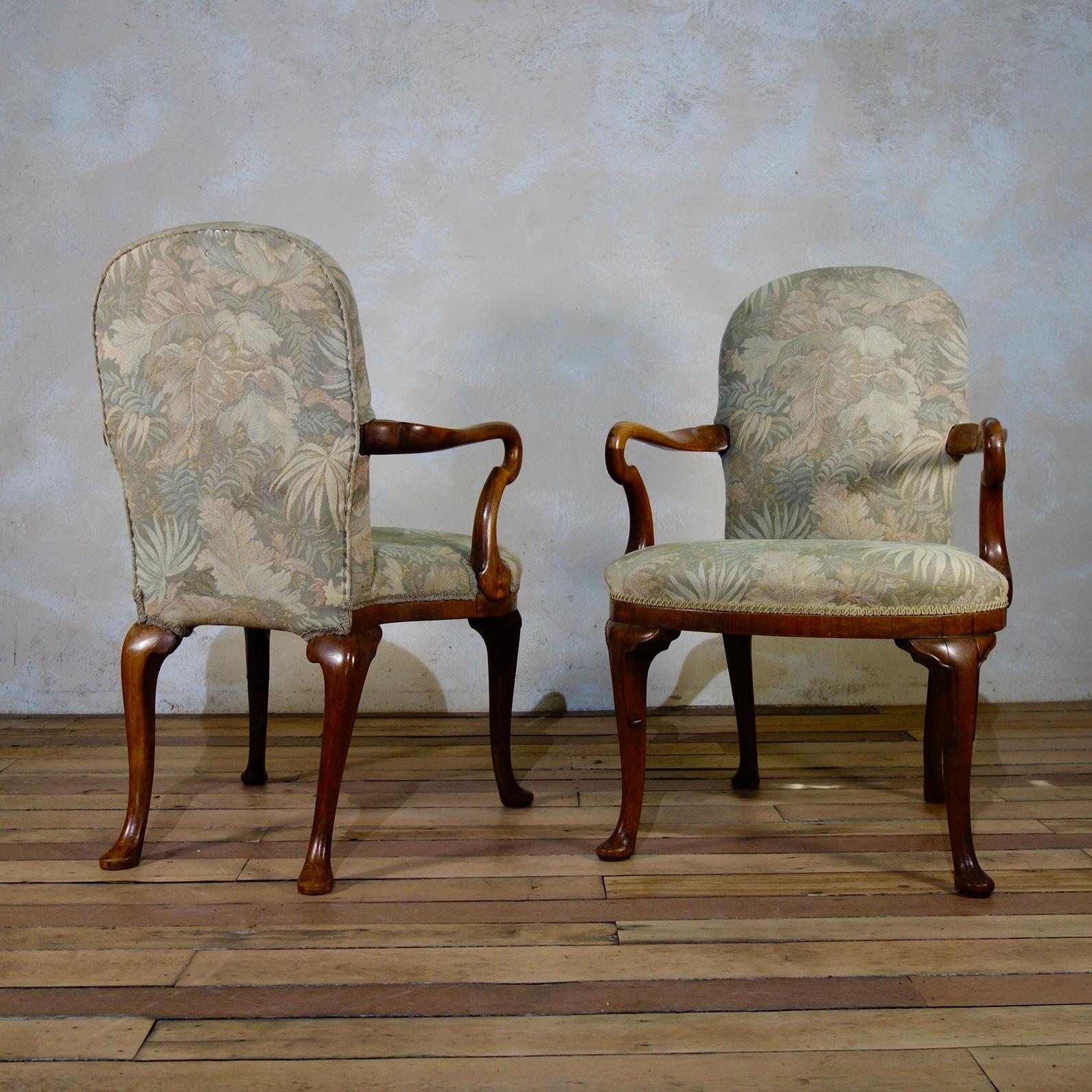 Walnut Pair of Antique Tapestry Upholstered George I Style Shepherd Crook Armchair
