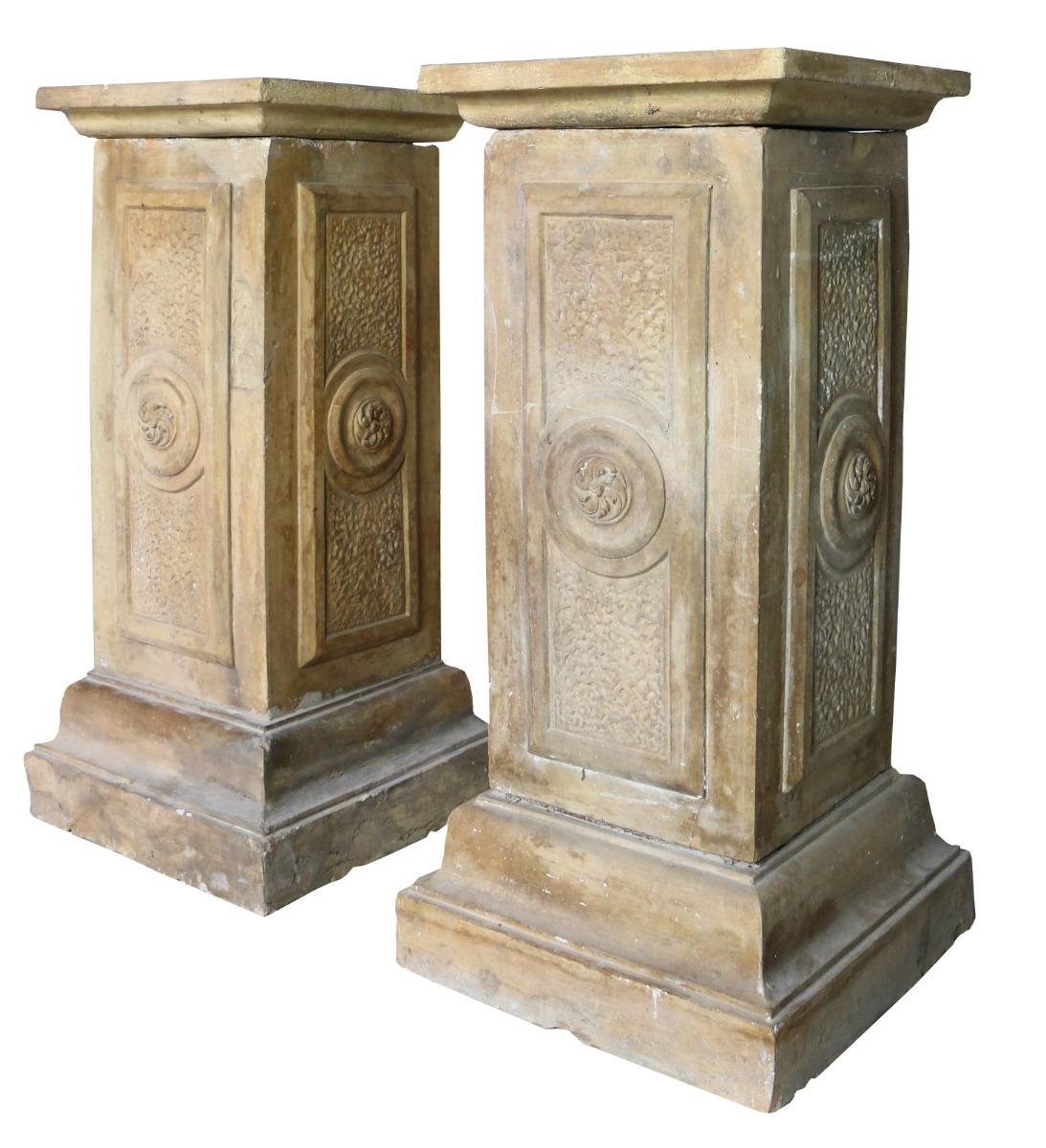 A pair of antique buff terracotta pedestals for interior or exterior use. Additional Dimensions: Height 96.5 cm Base 46 x 46.5 cm Top 42×42 cm Weight 125 kg each.