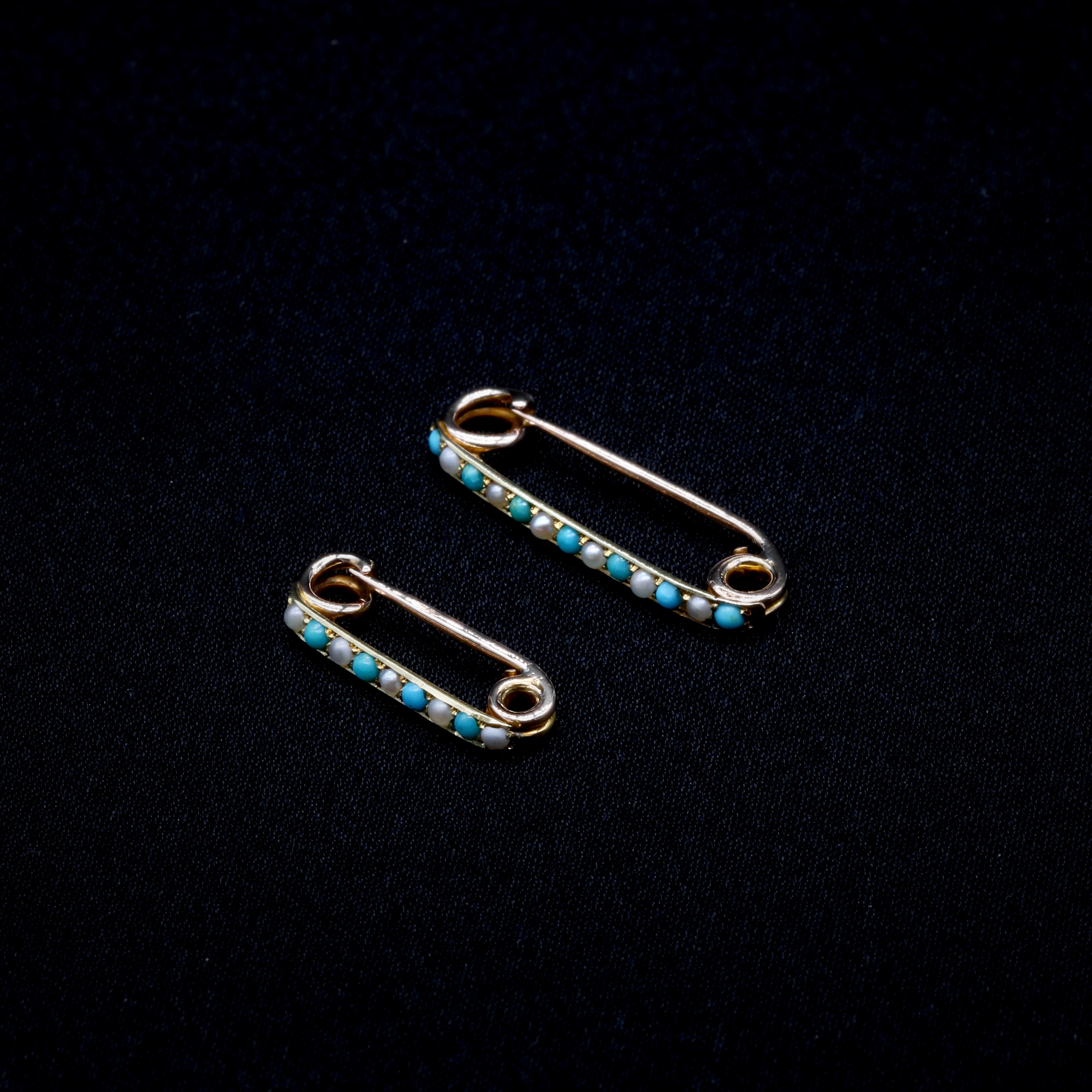 Cabochon A Pair of Antique Victorian 9K Yellow Gold Turquoise and Pearl Brooches