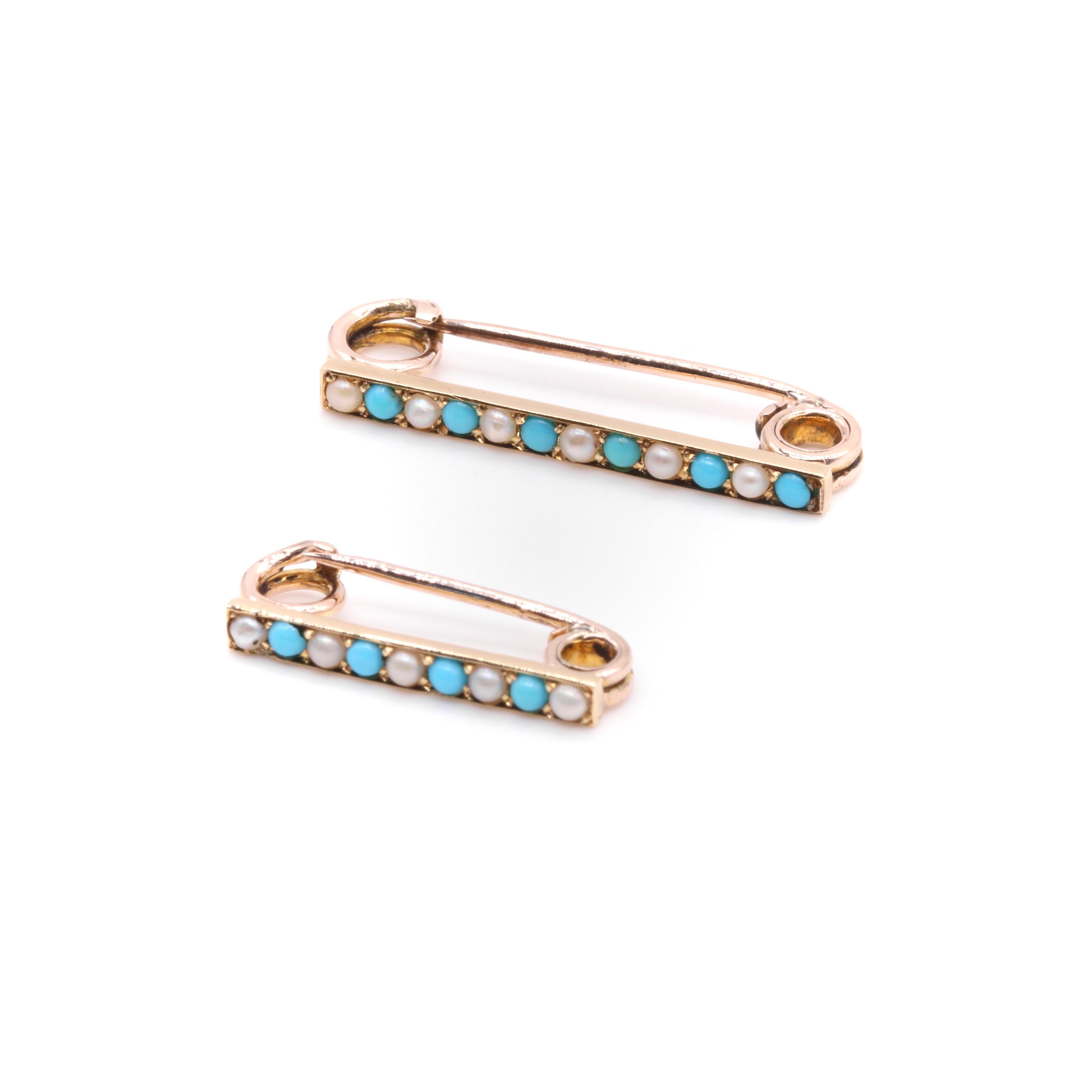 Cabochon Coppia di spille antiche vittoriane in oro giallo 9K con turchesi e perle in vendita