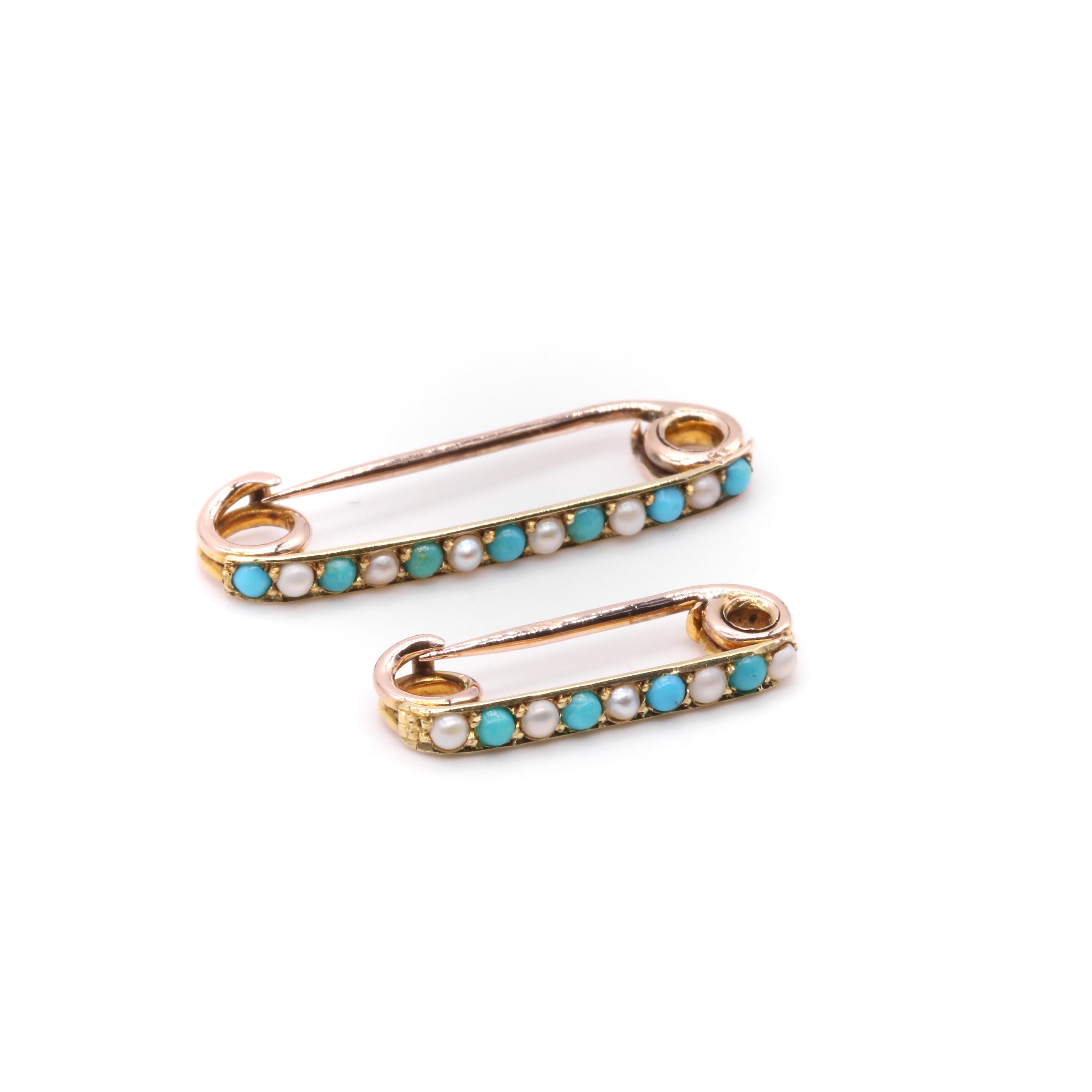 Women's or Men's A Pair of Antique Victorian 9K Yellow Gold Turquoise and Pearl Brooches