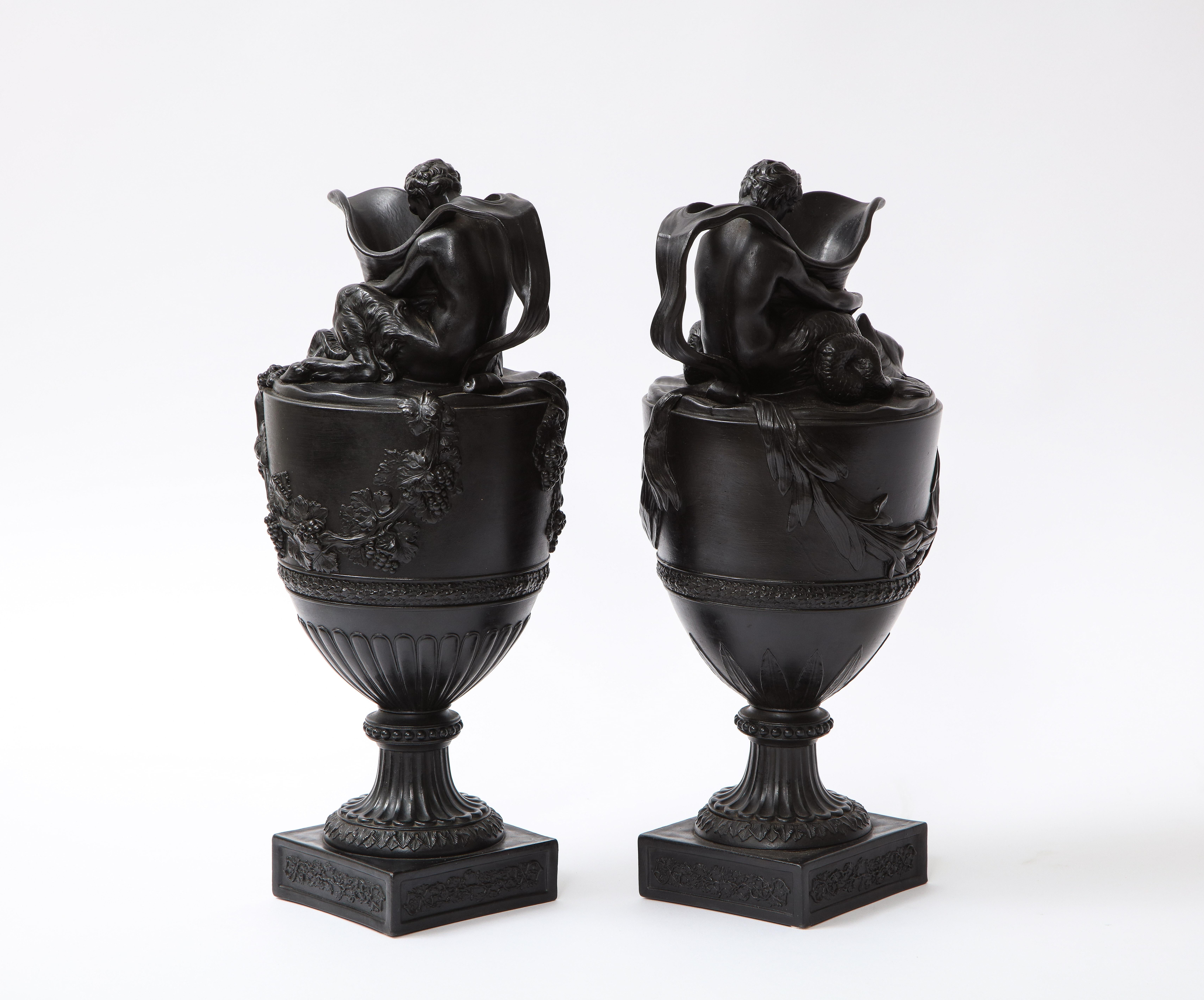 British Pair of Antique Wedgwood Black Basalt Ewers Emblematic of Water and Earth